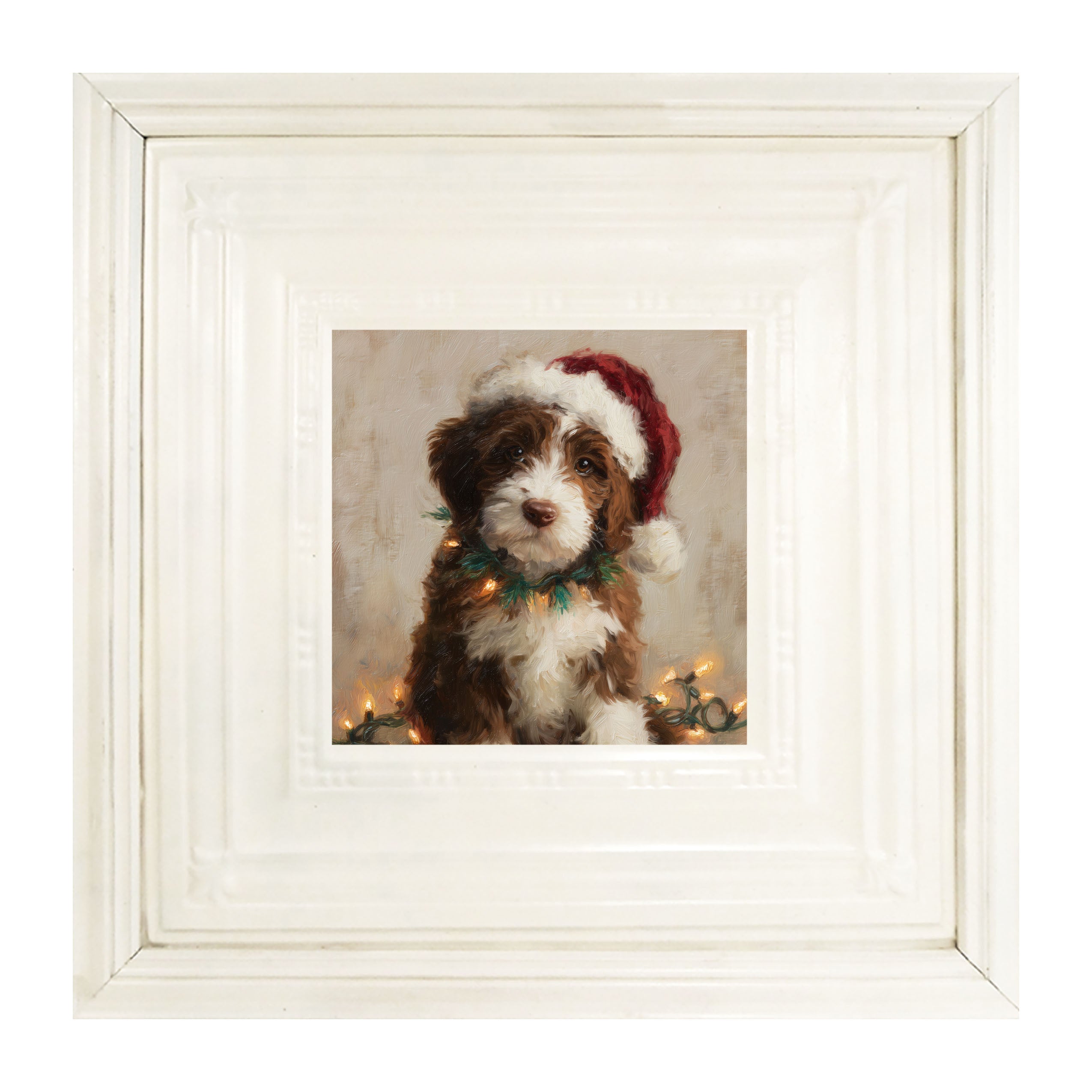 Christmas Lights with Brown and White Dog