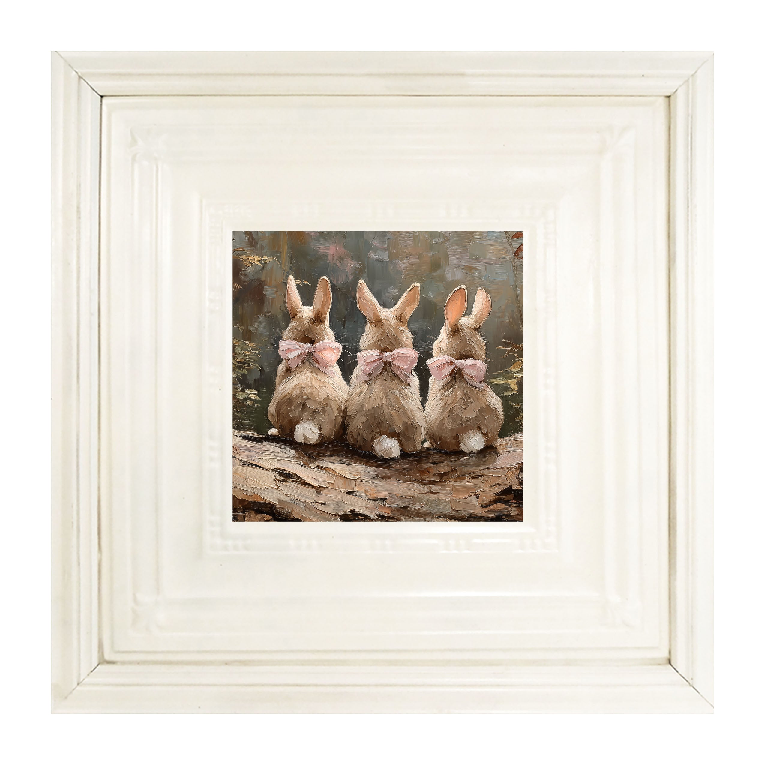 Bunnies with Pink Bows in Forest