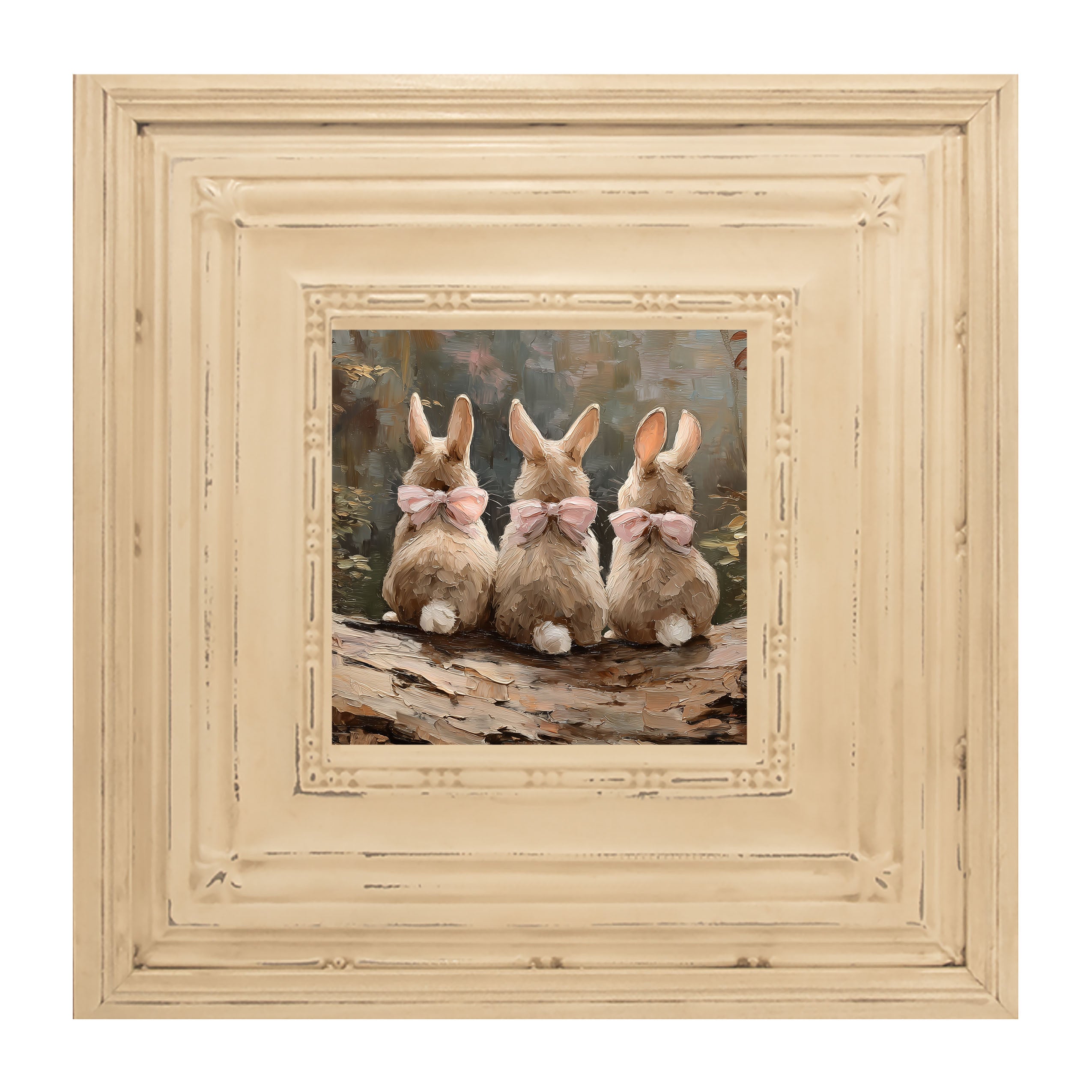 Bunnies with Pink Bows in Forest