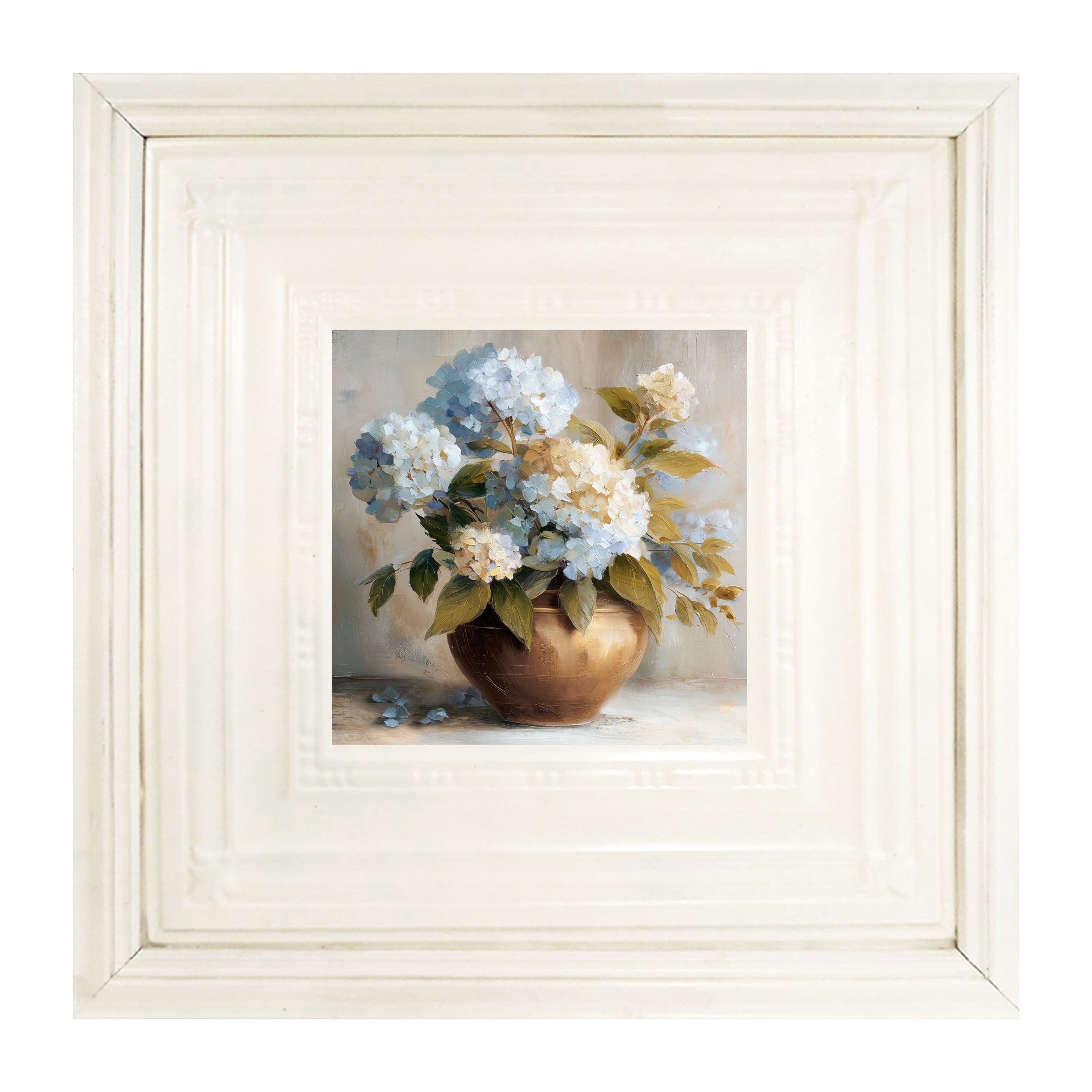 Copper Vase with Blue and White Hydrangeas