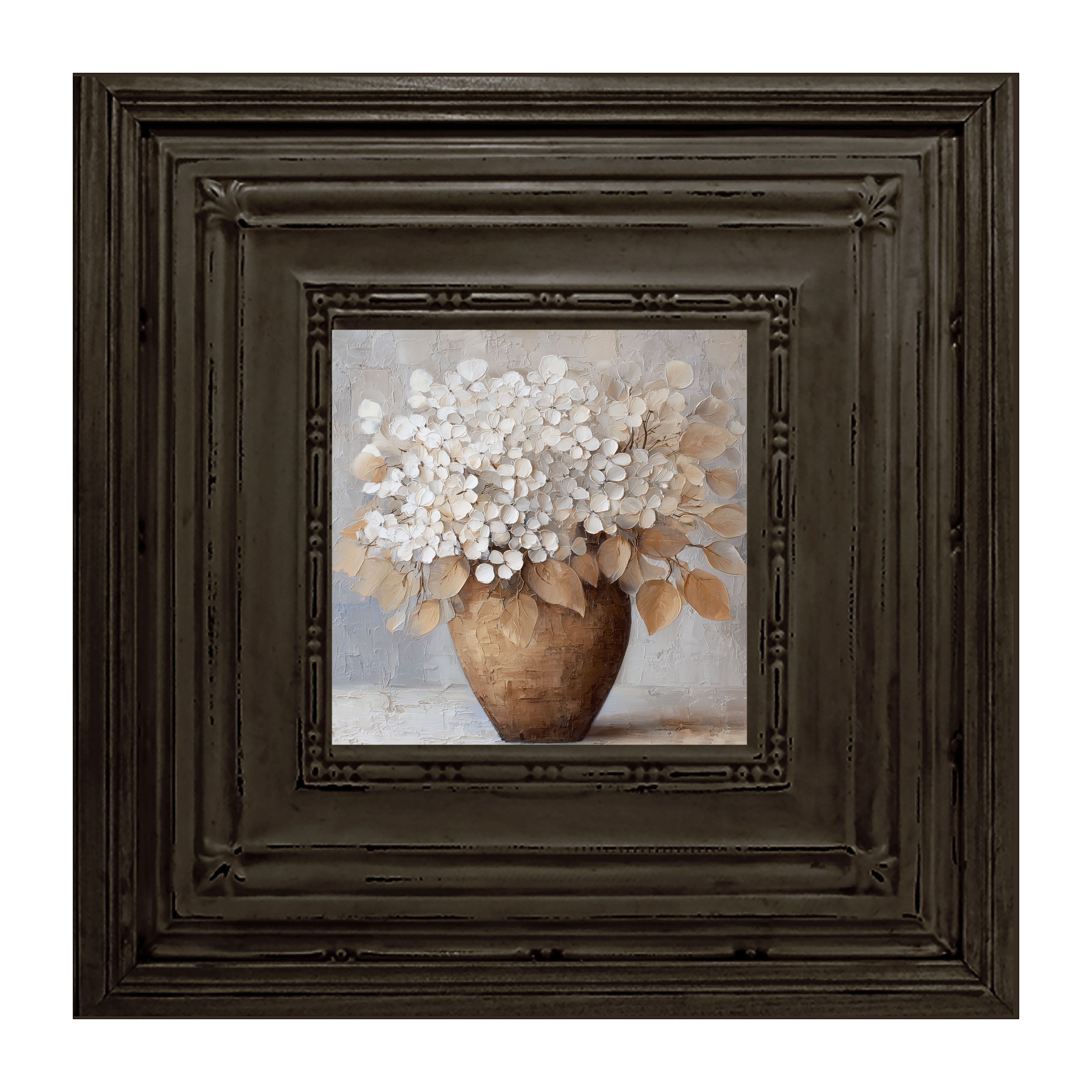 Copper Vase with White Hydrangeas