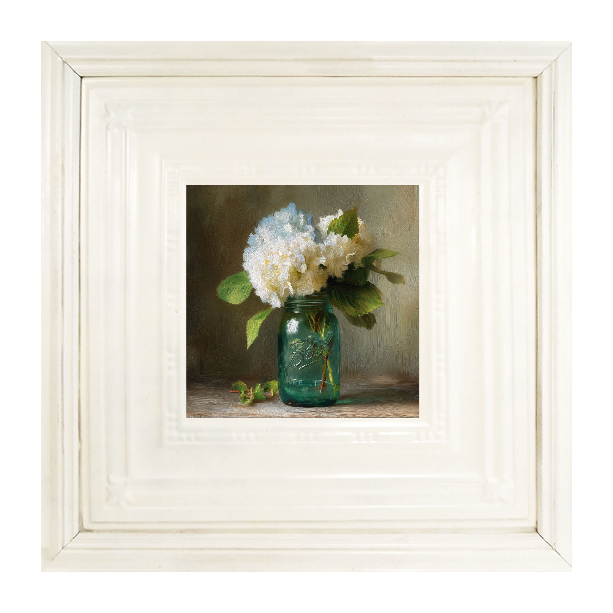 Mason Jar with Blue and White Hydrangeas