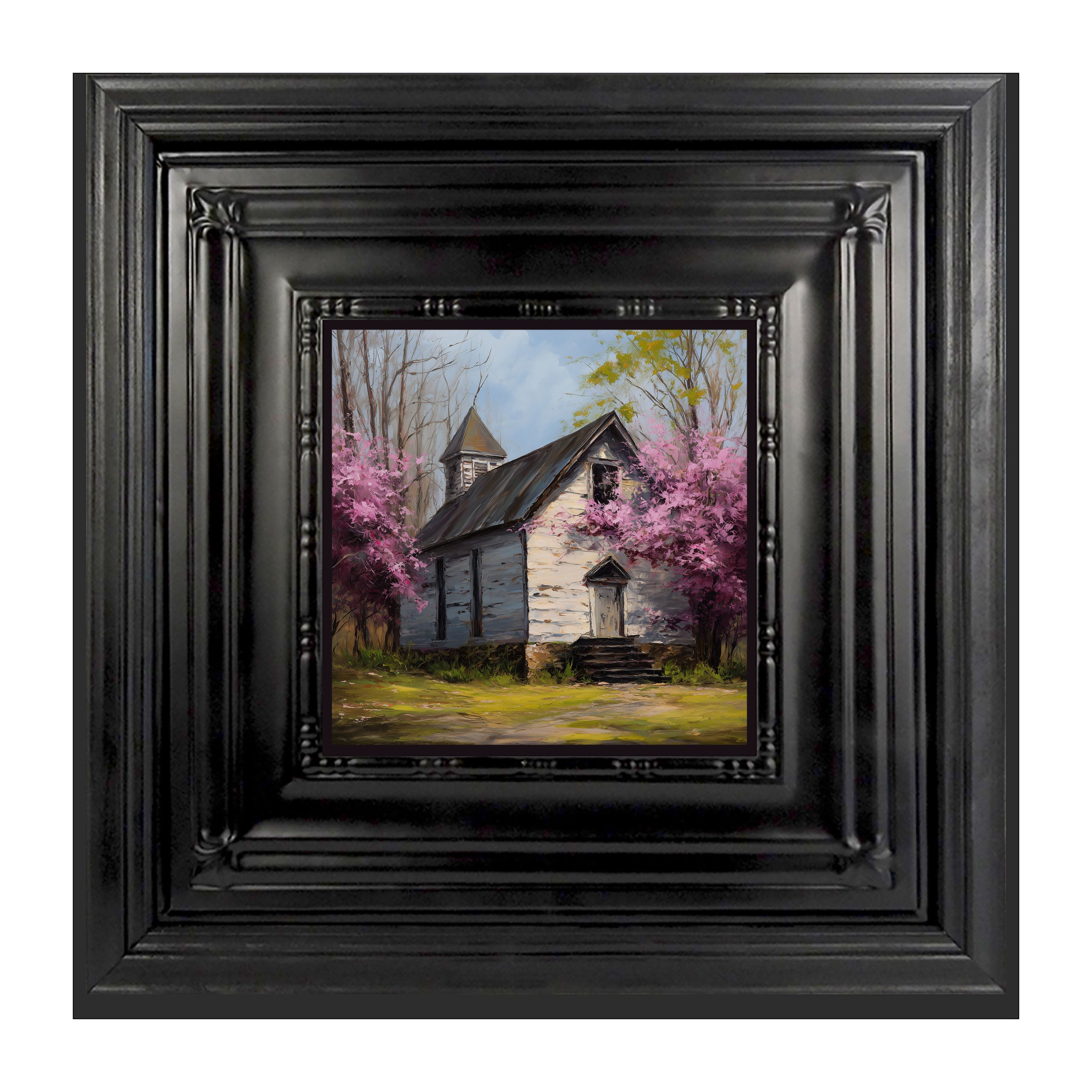 Country Church with Purple Flowering Tree
