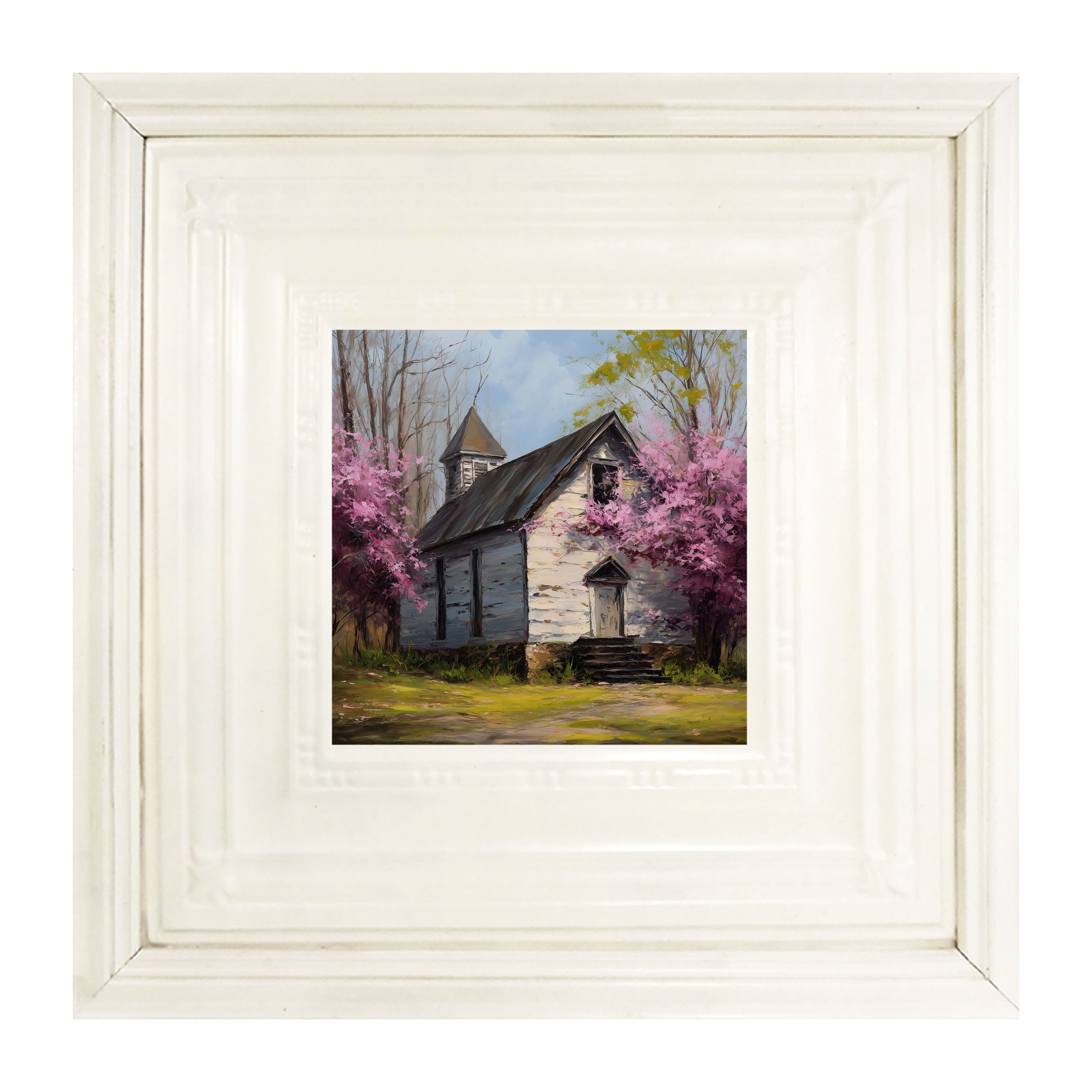Country Church with Purple Flowering Tree