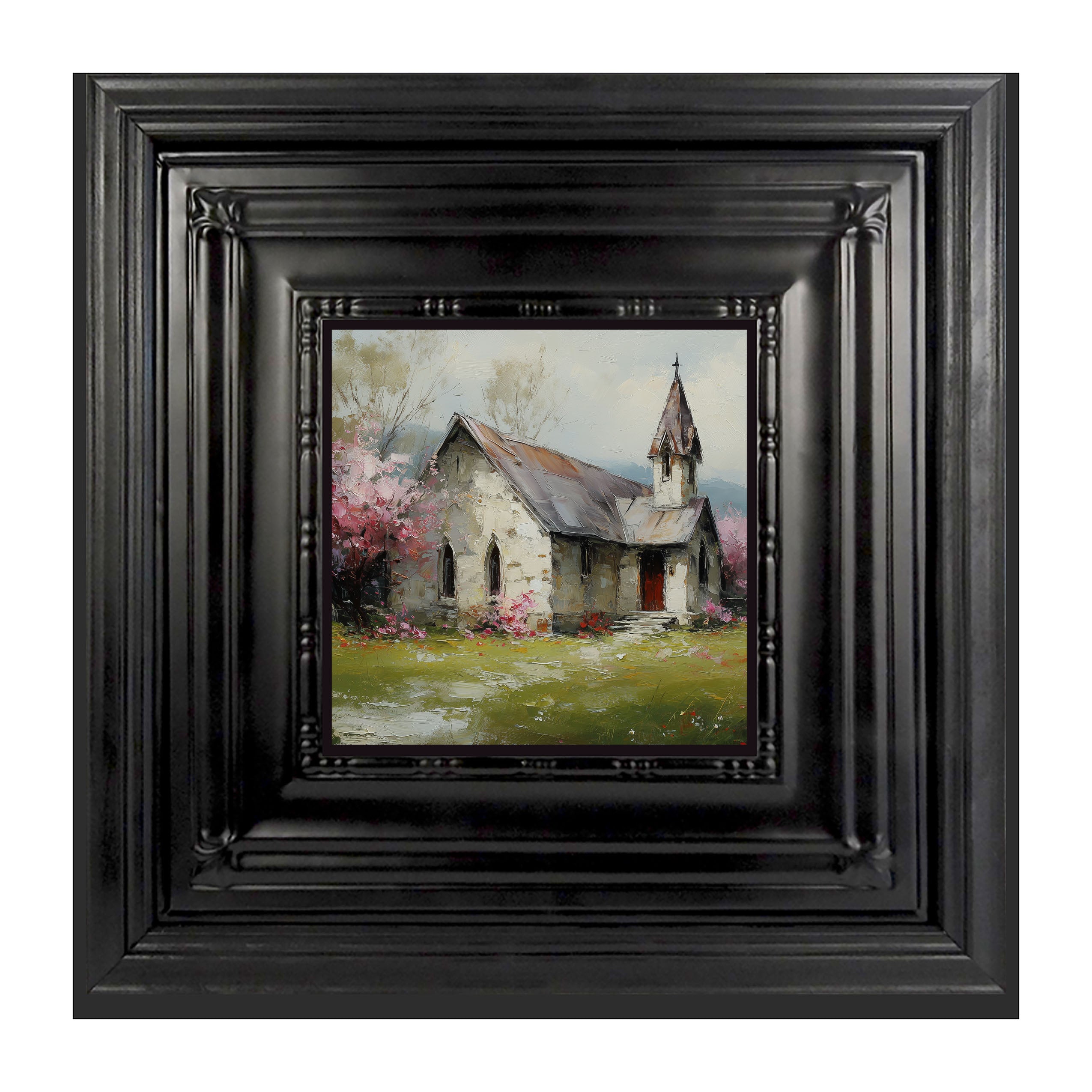 Country Church with Pink and Purple Flowering Trees