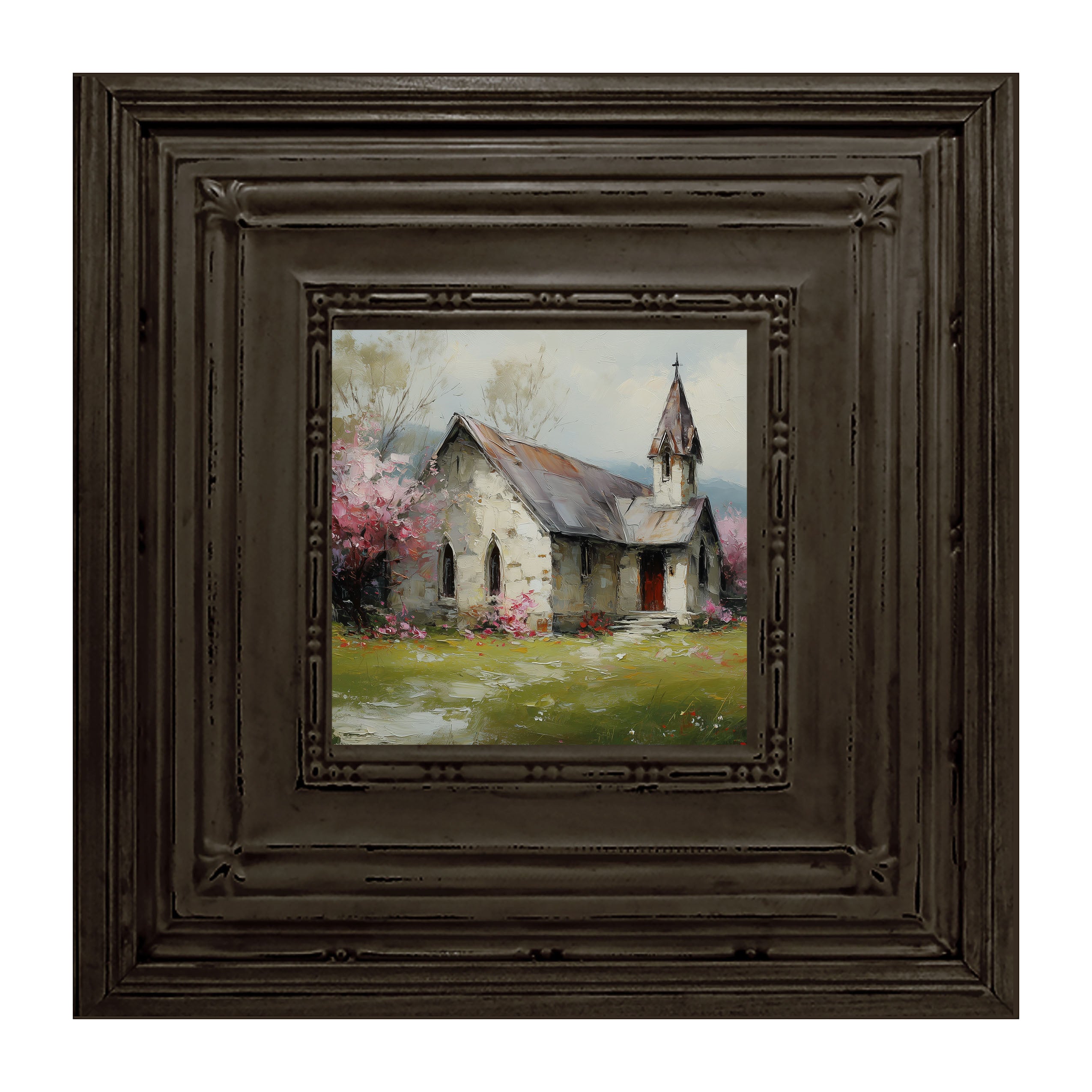 Country Church with Pink and Purple Flowering Trees