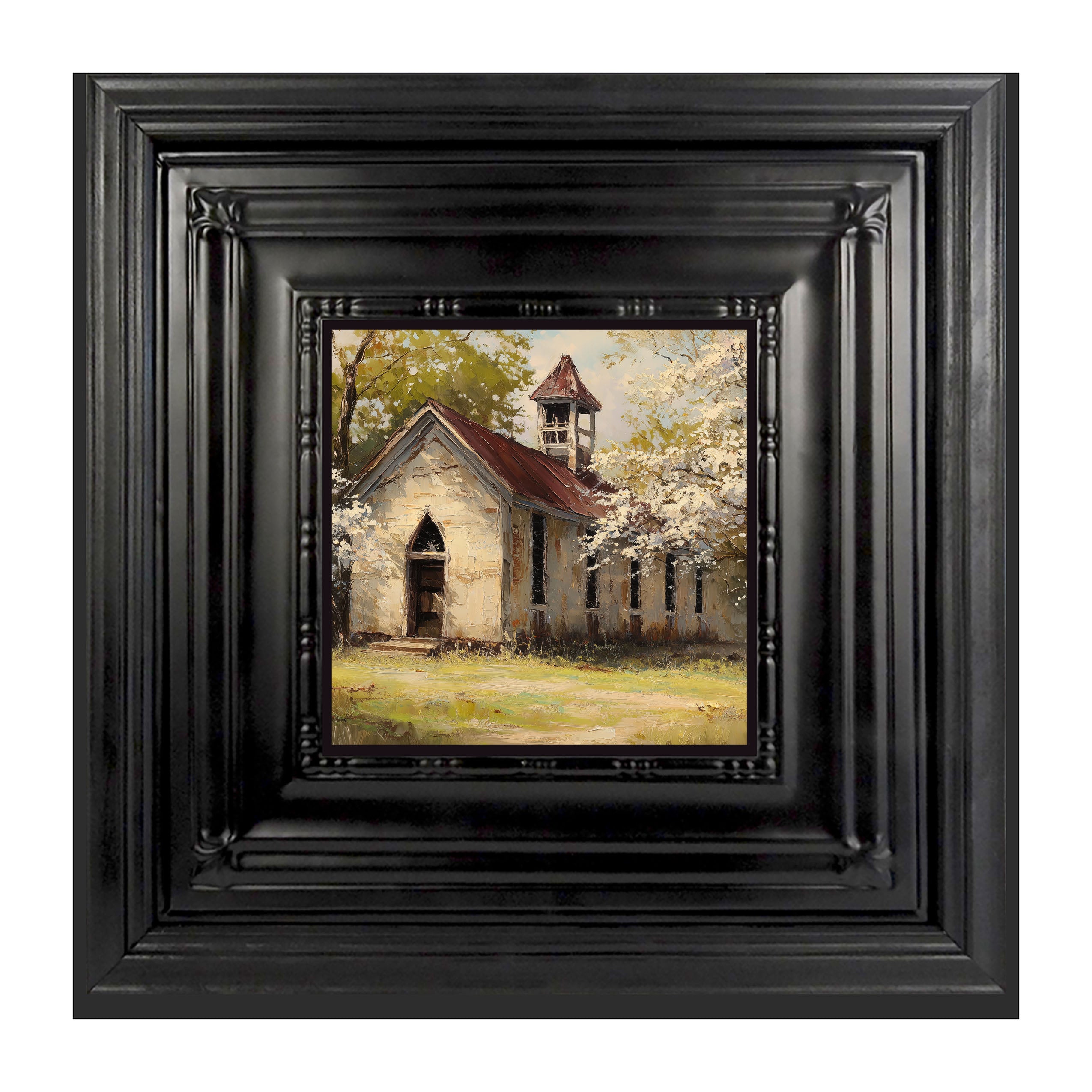 Country Church with White Flowering Trees