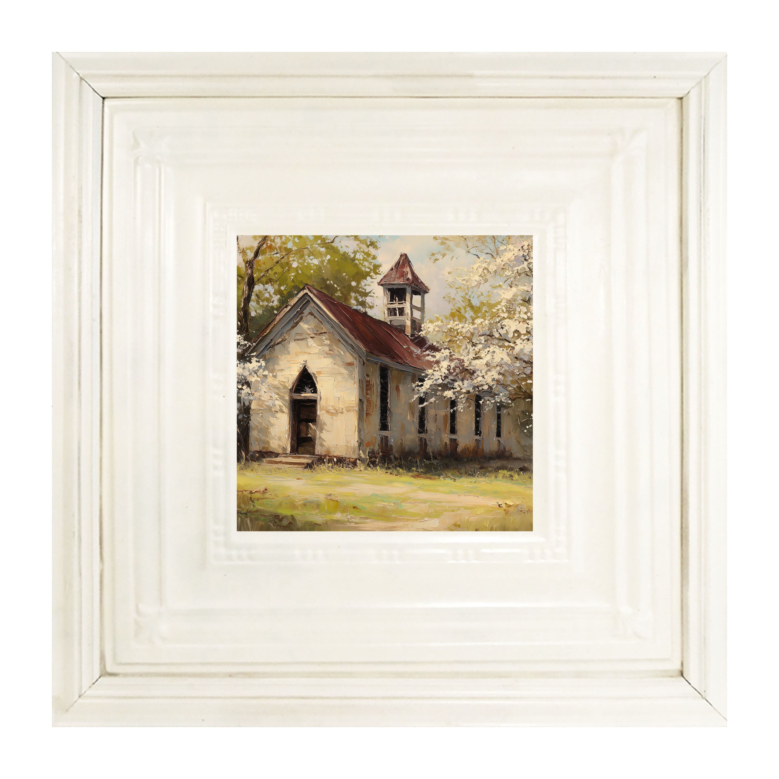 Country Church with White Flowering Trees