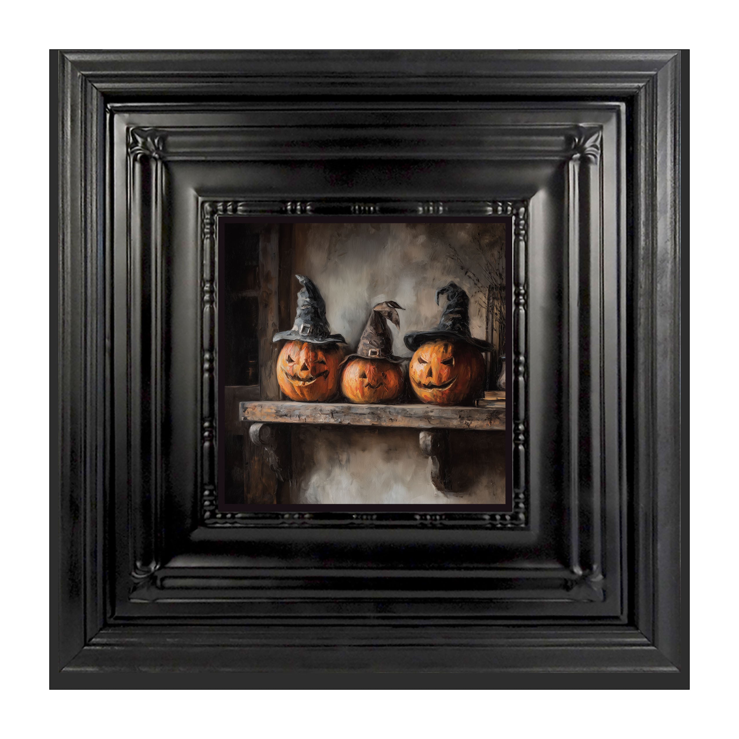 Trio of Jack-o-Lanterns in Witch Hats