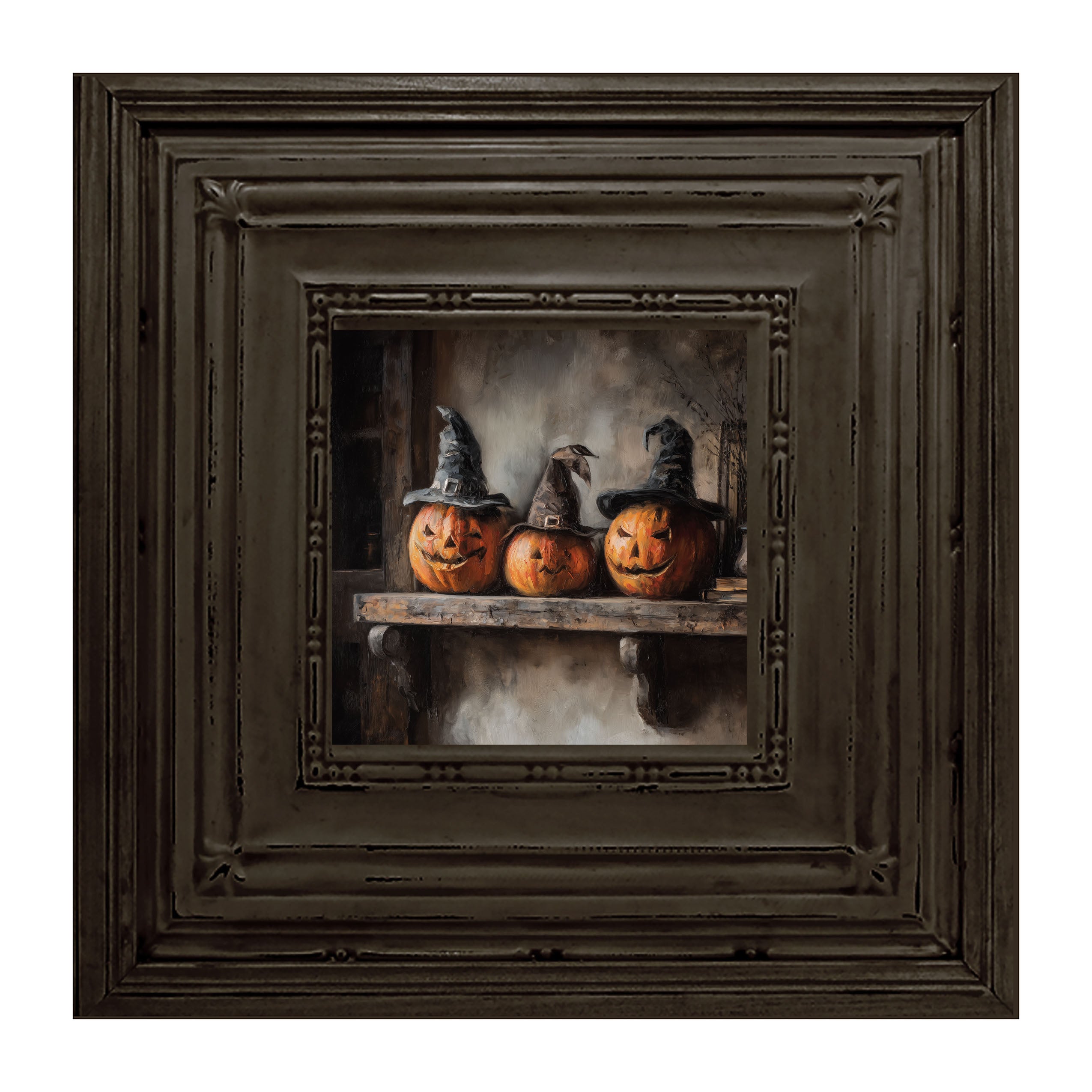 Trio of Jack-o-Lanterns in Witch Hats