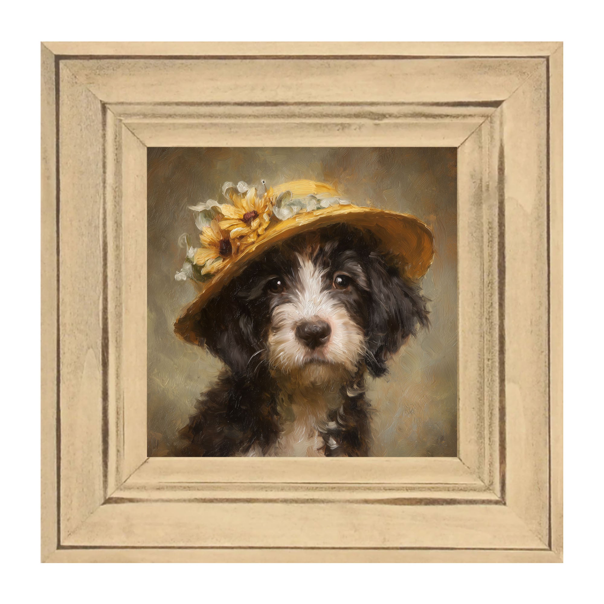 Dog in Yellow Floral Hat