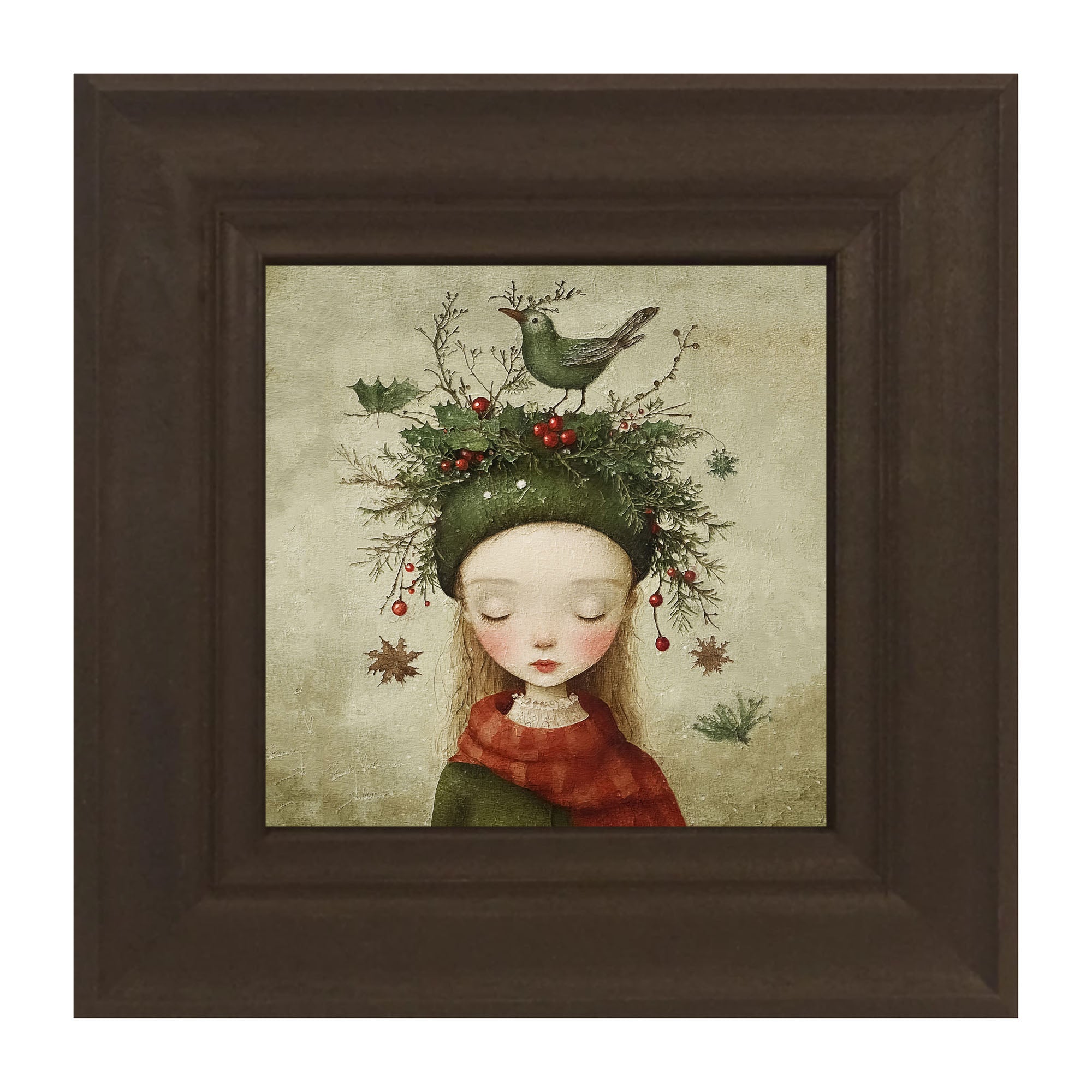 Green Christmas Girl with Bird