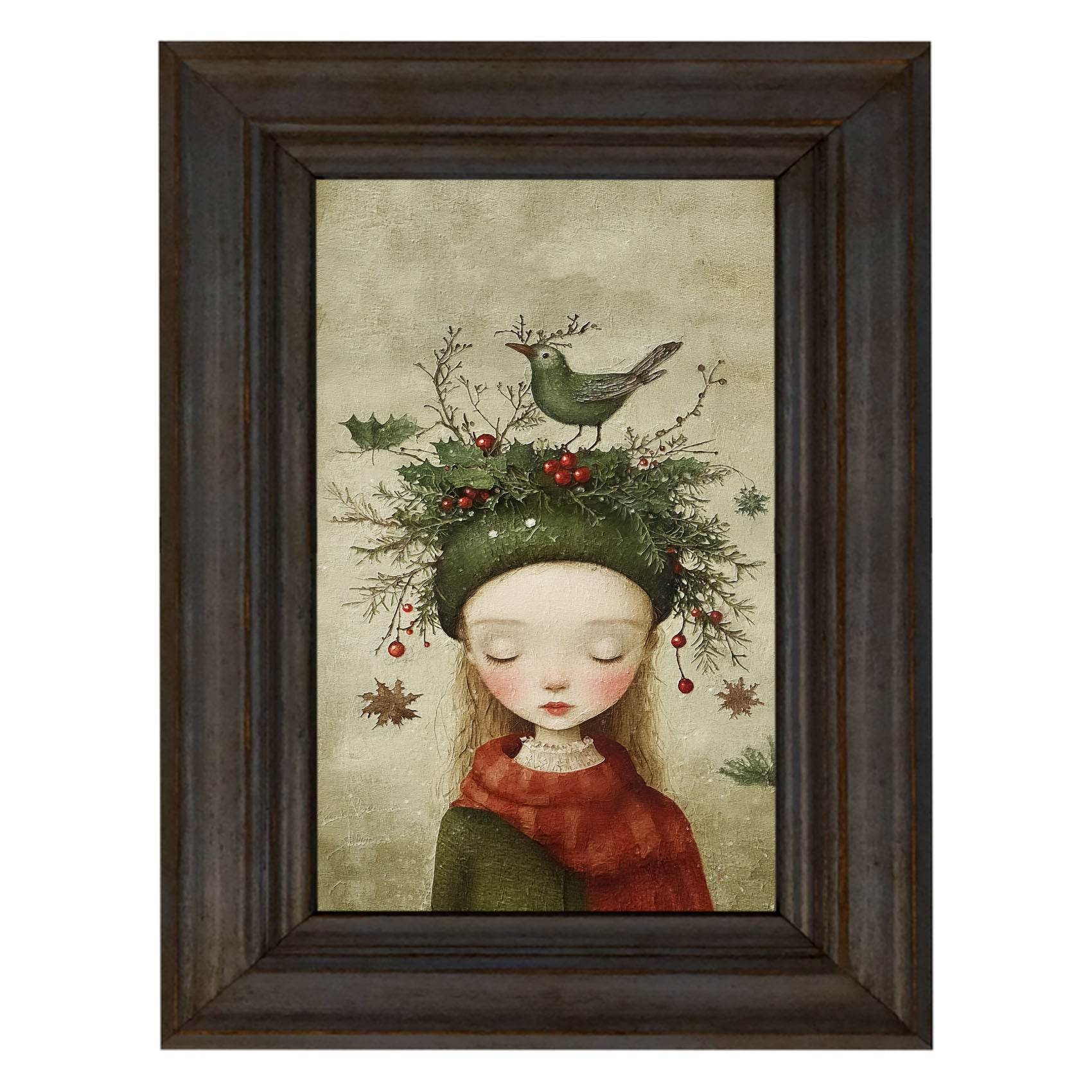 Green Christmas Girl with Bird