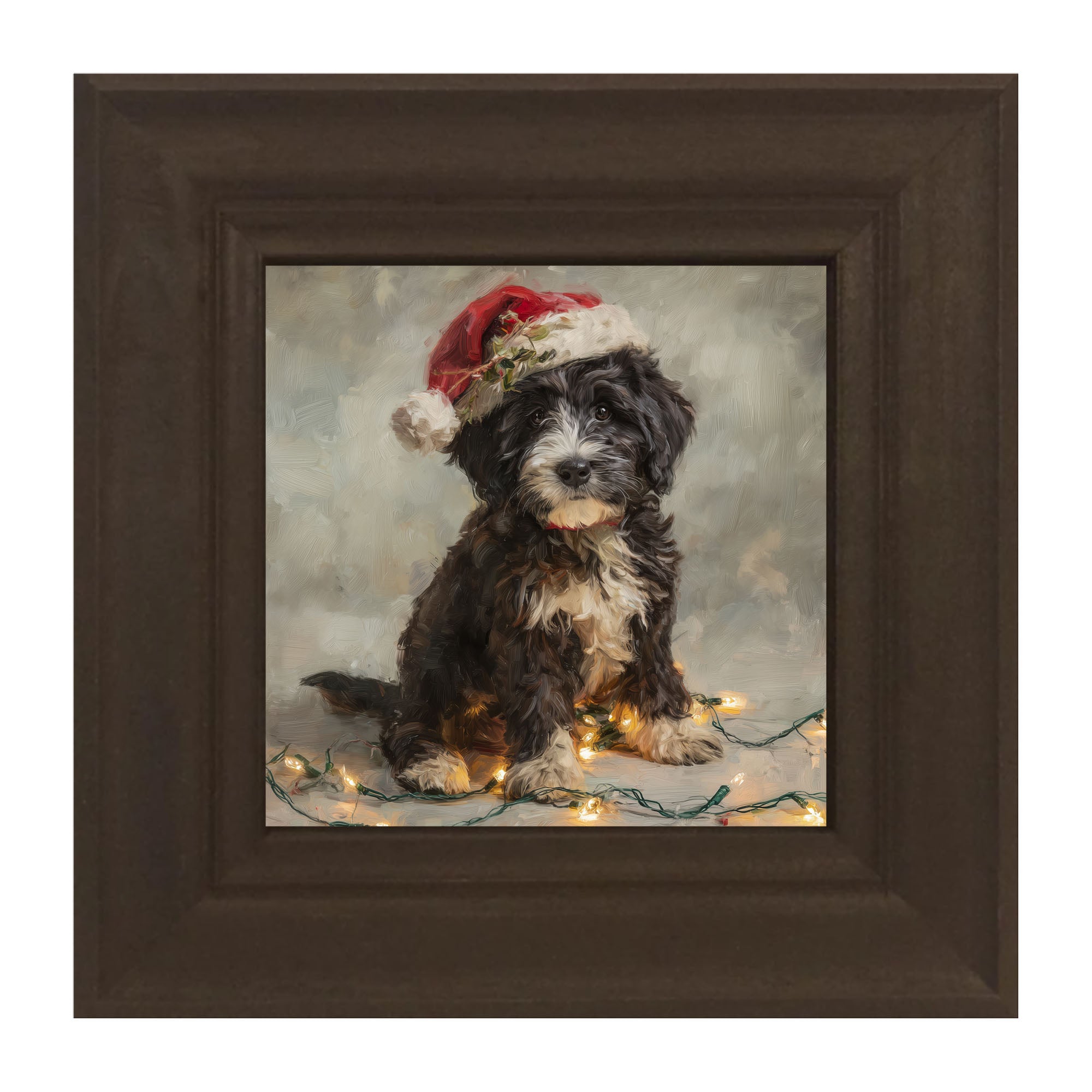 Christmas Lights with Furry Black and White Dog