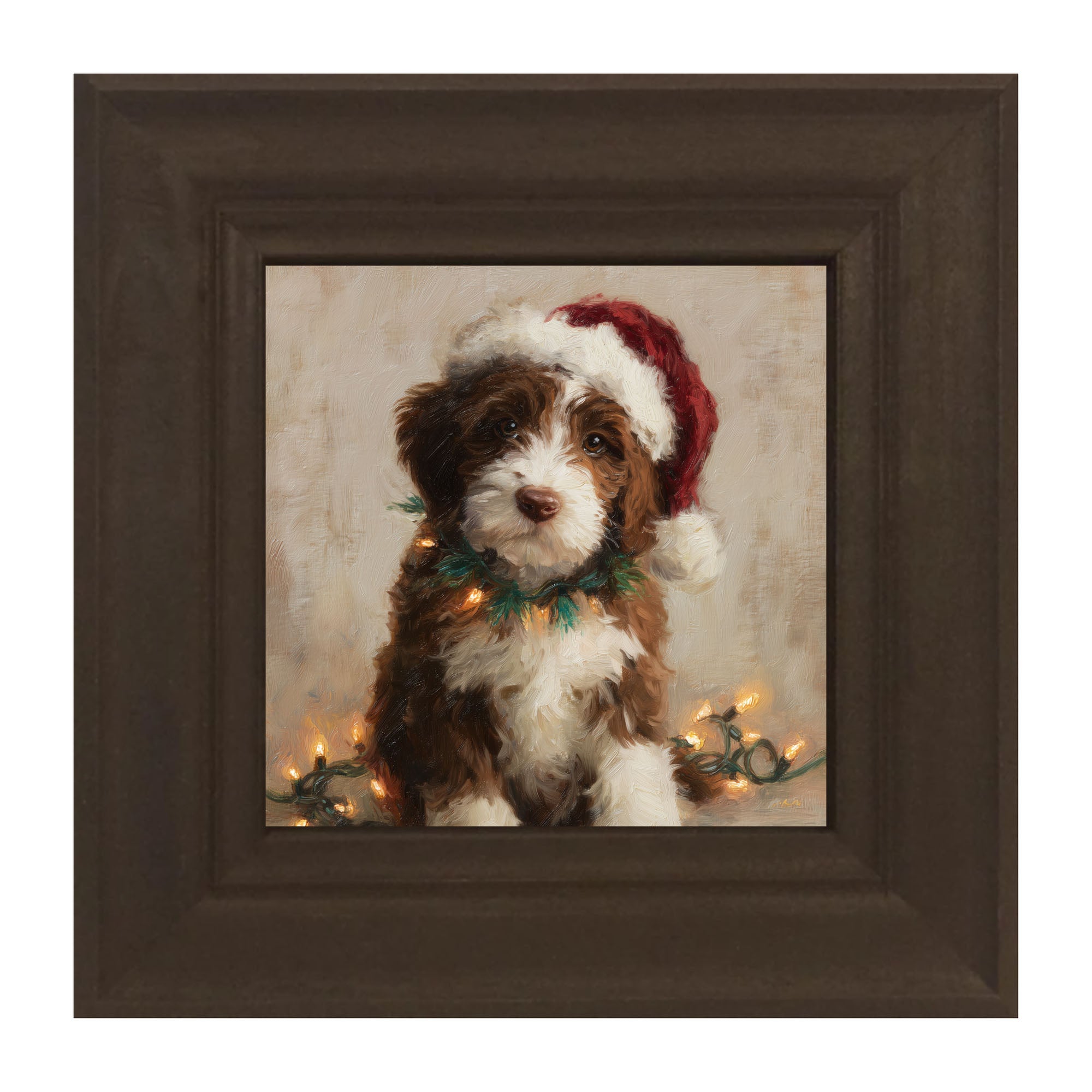 Christmas Lights with Brown and White Dog