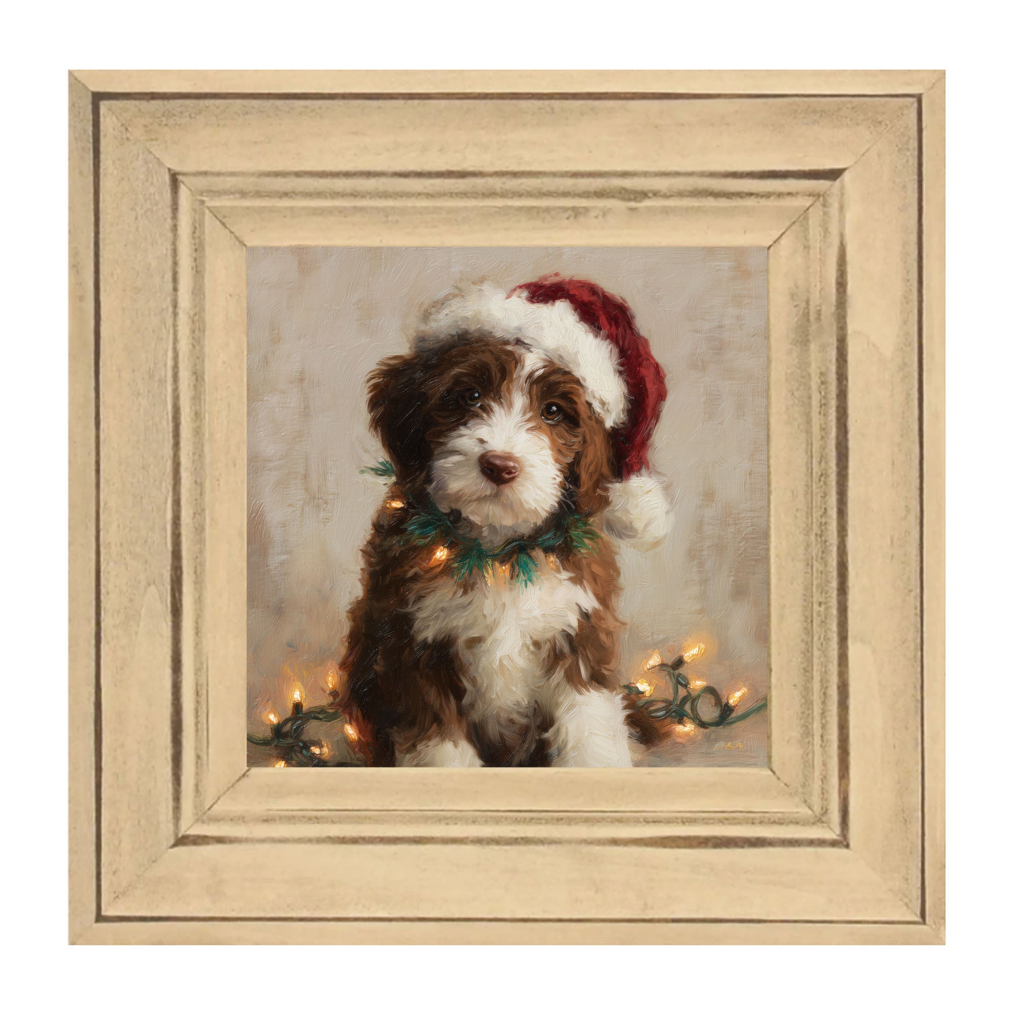 Christmas Lights with Brown and White Dog