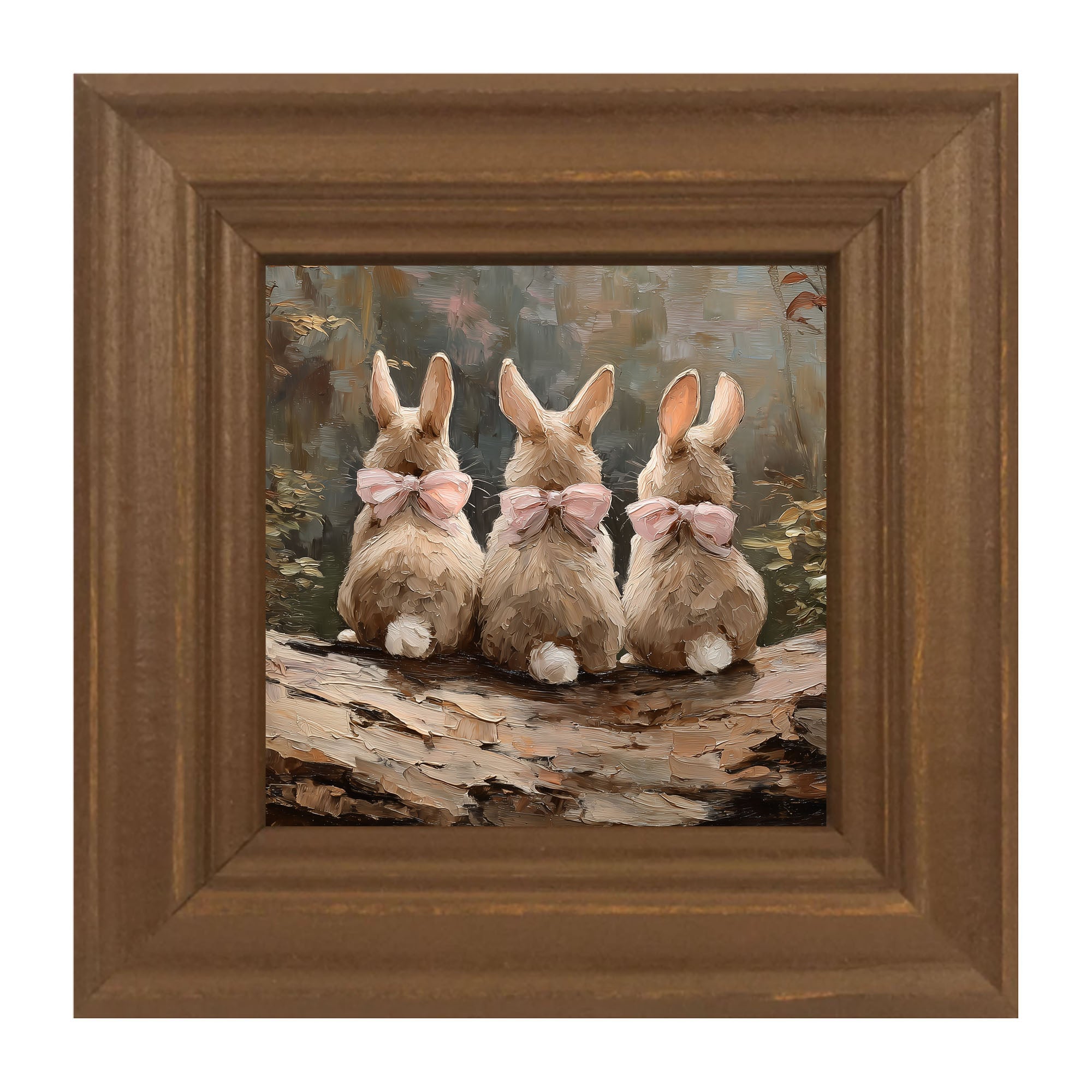 Bunnies with Pink Bows in Forest