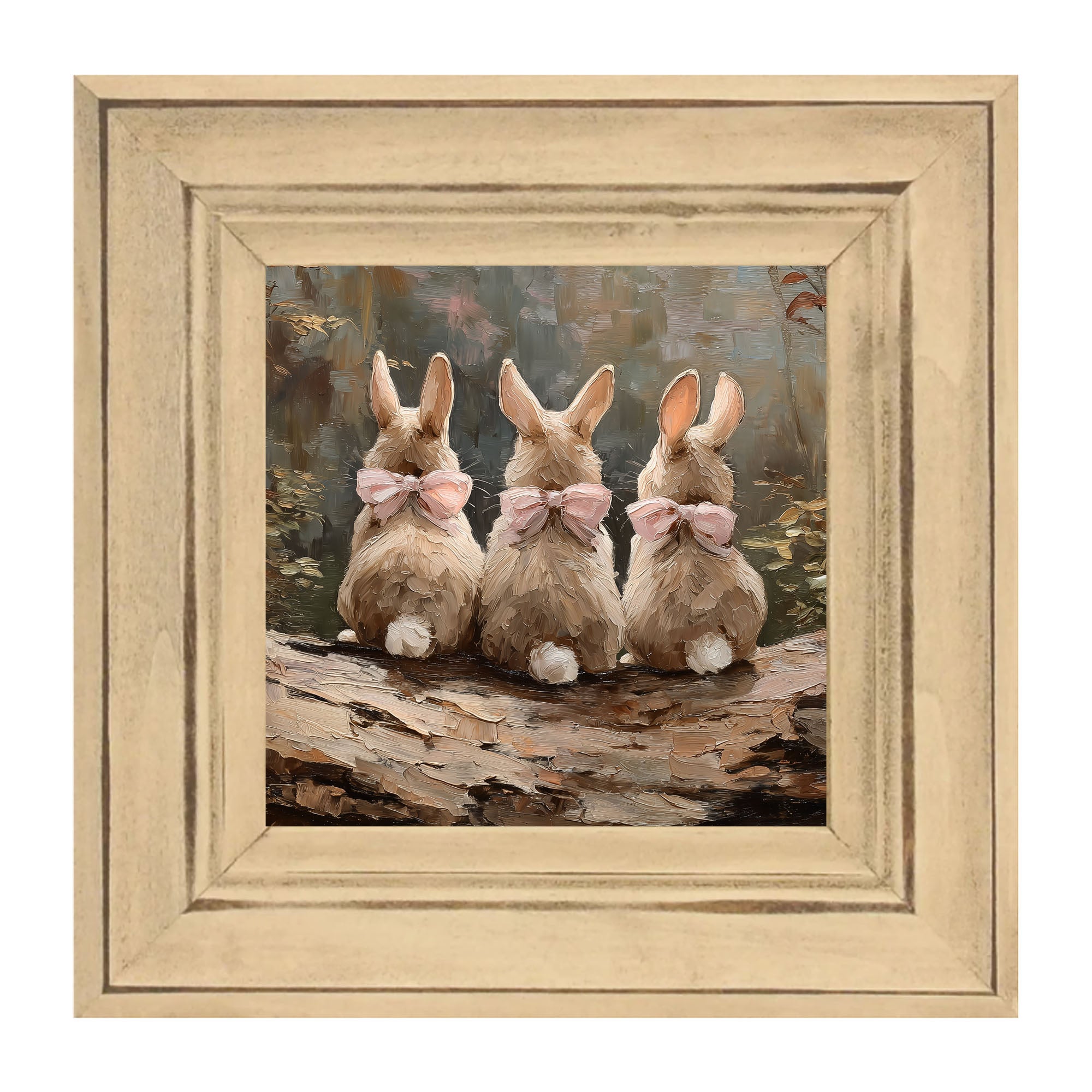 Bunnies with Pink Bows in Forest