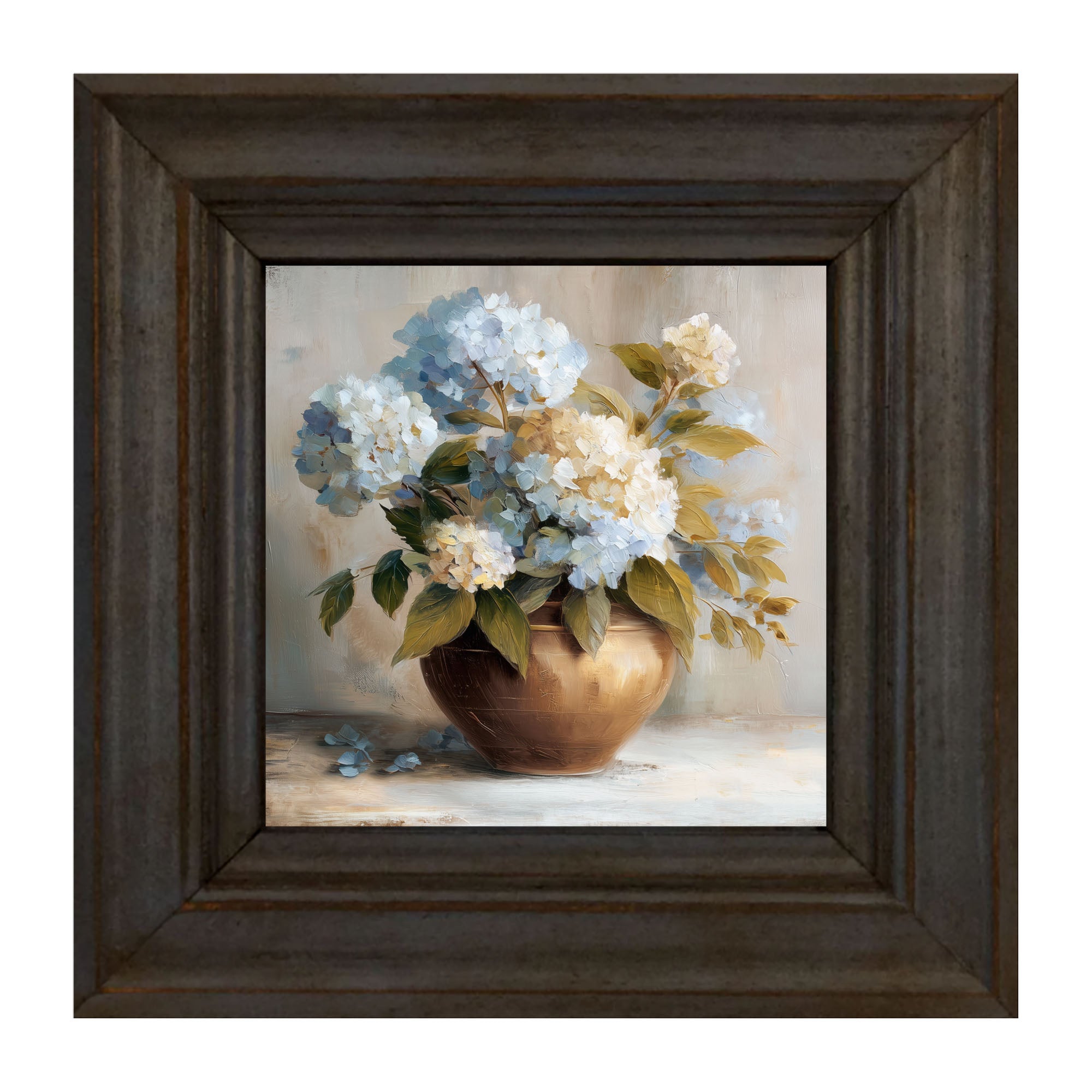 Copper Vase with Blue and White Hydrangeas