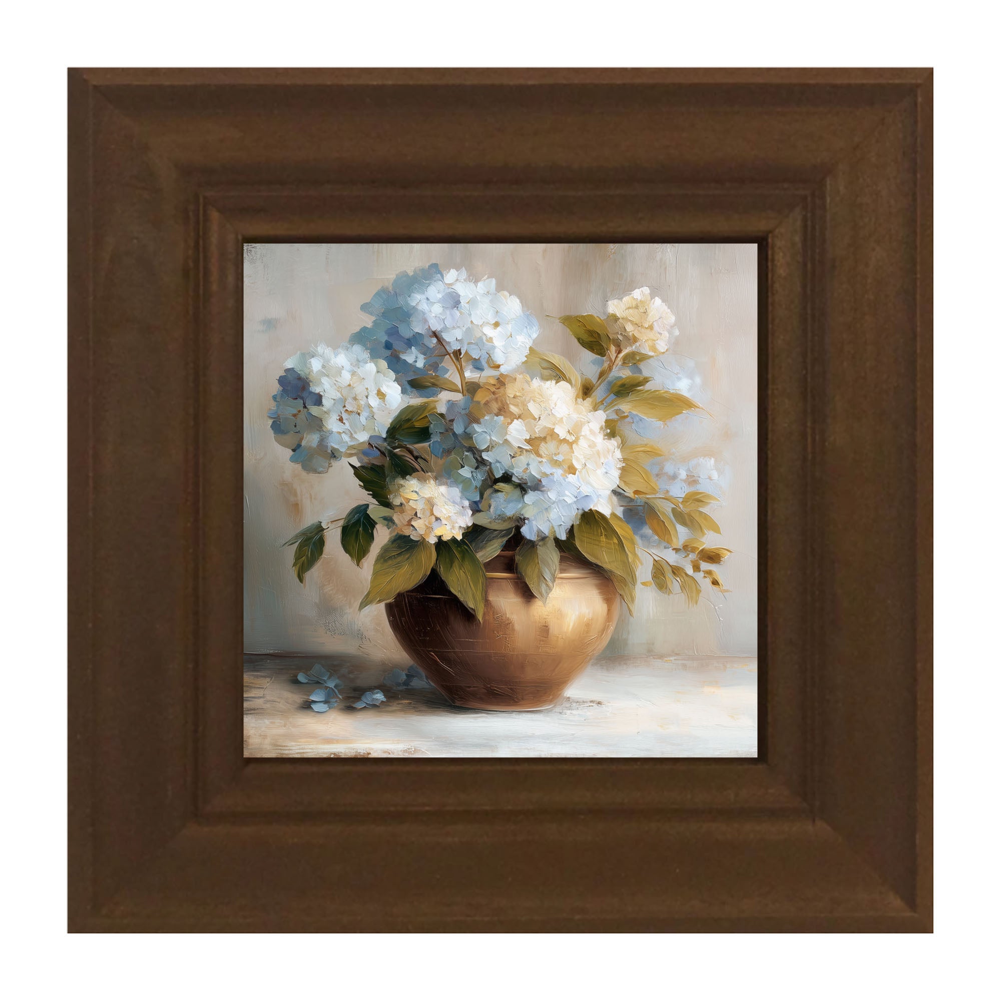 Copper Vase with Blue and White Hydrangeas