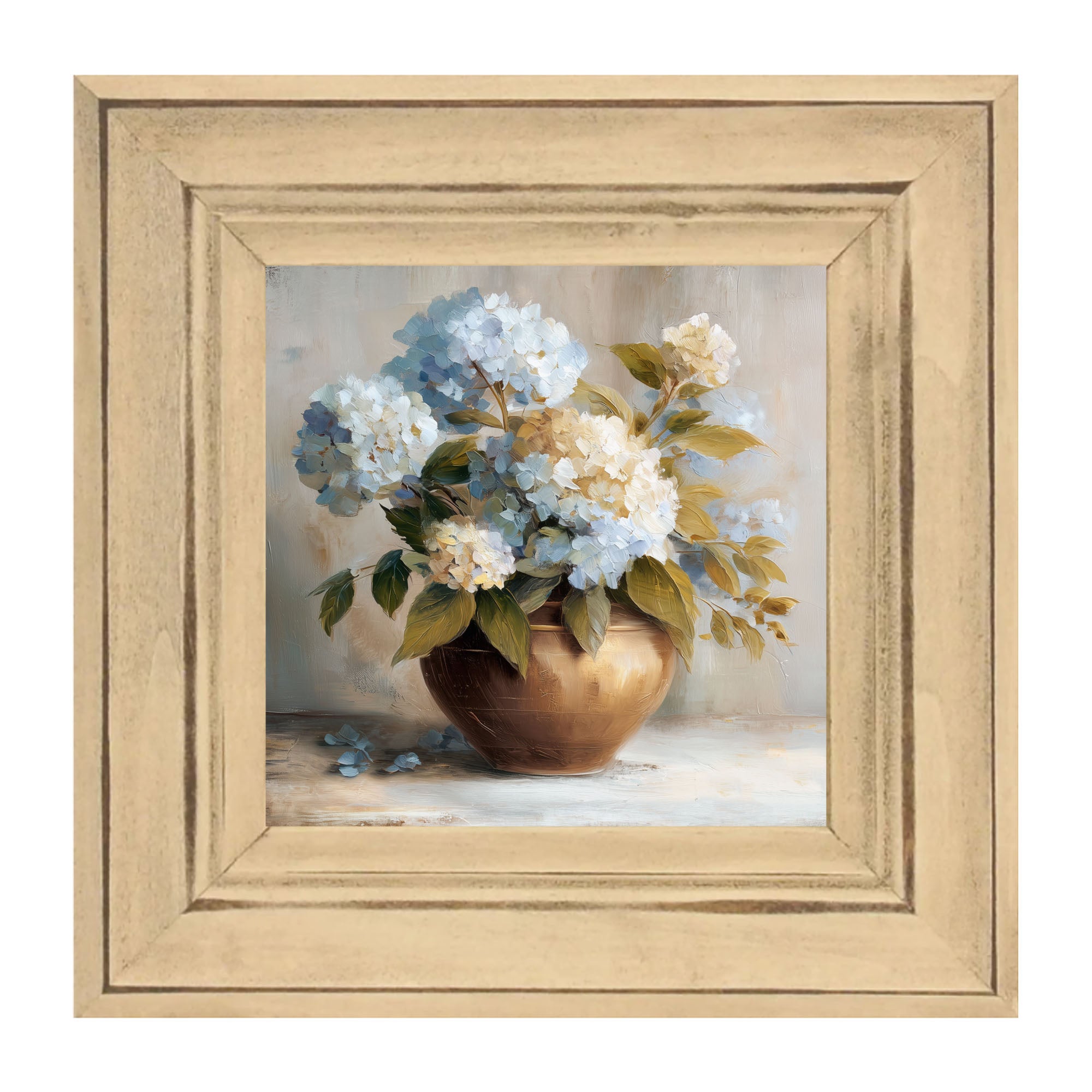 Copper Vase with Blue and White Hydrangeas