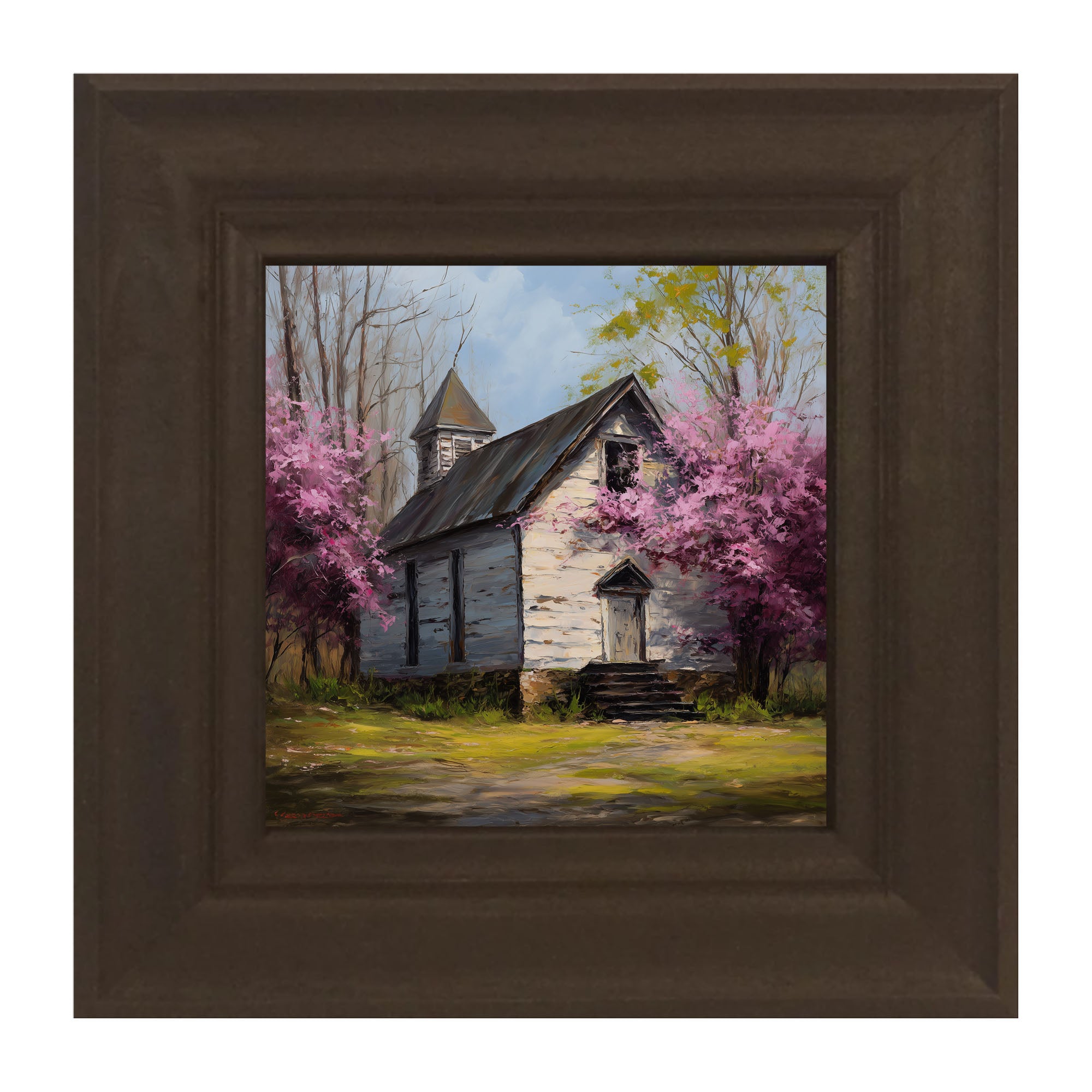 Country Church with Purple Flowering Tree