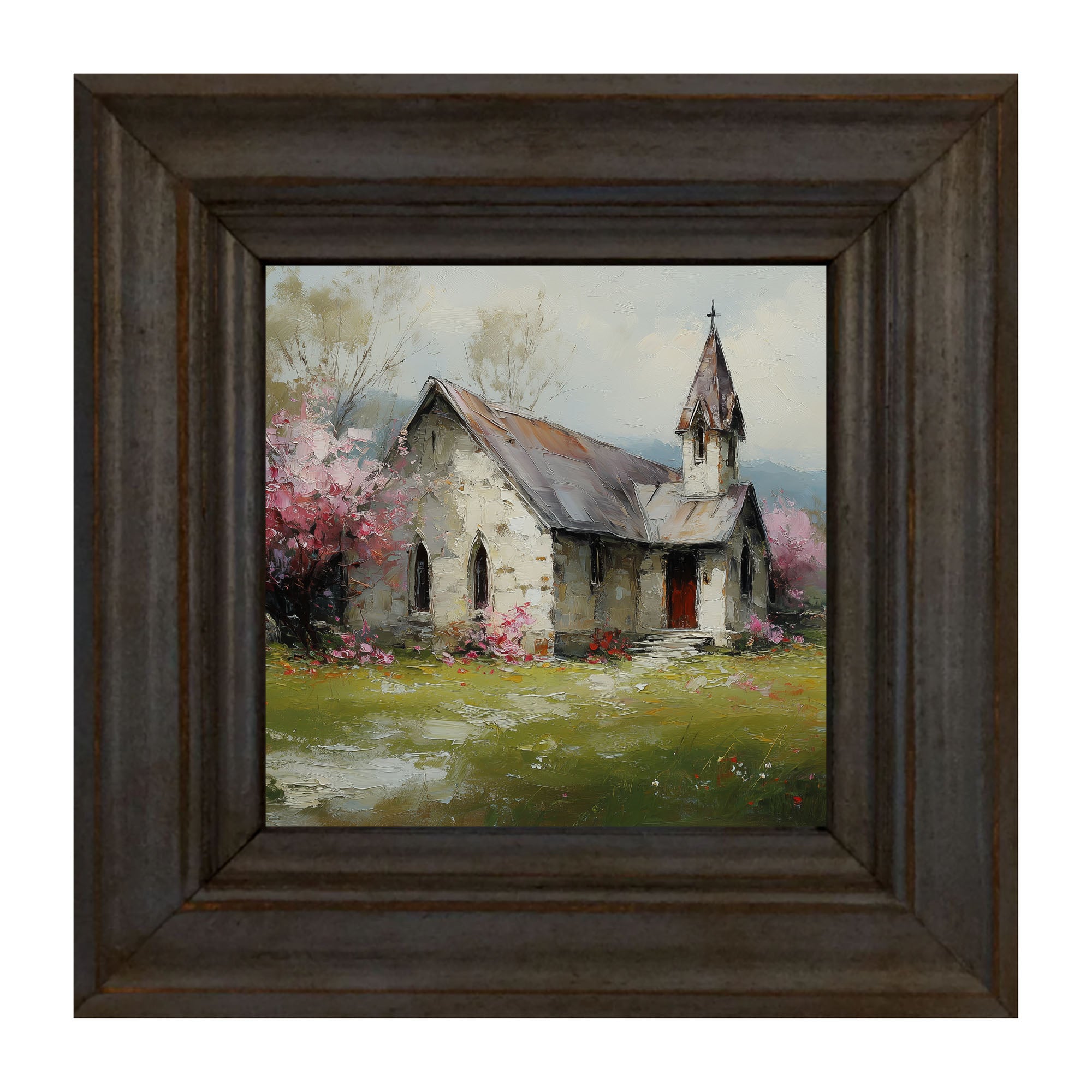 Country Church with Pink and Purple Flowering Trees
