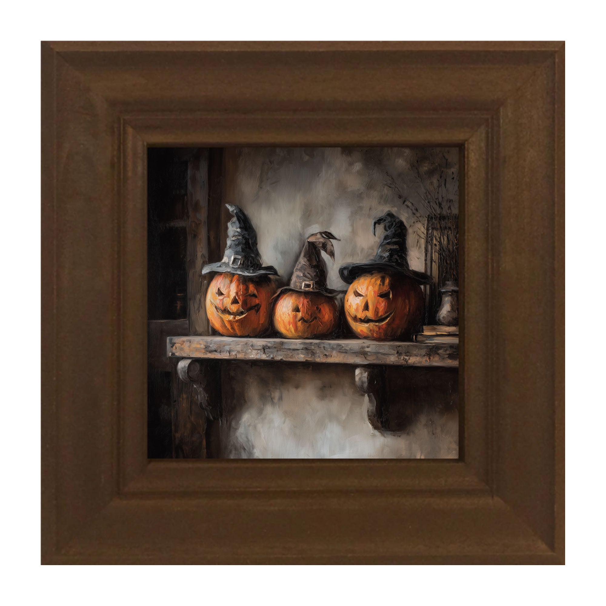 Trio of Jack-o-Lanterns in Witch Hats
