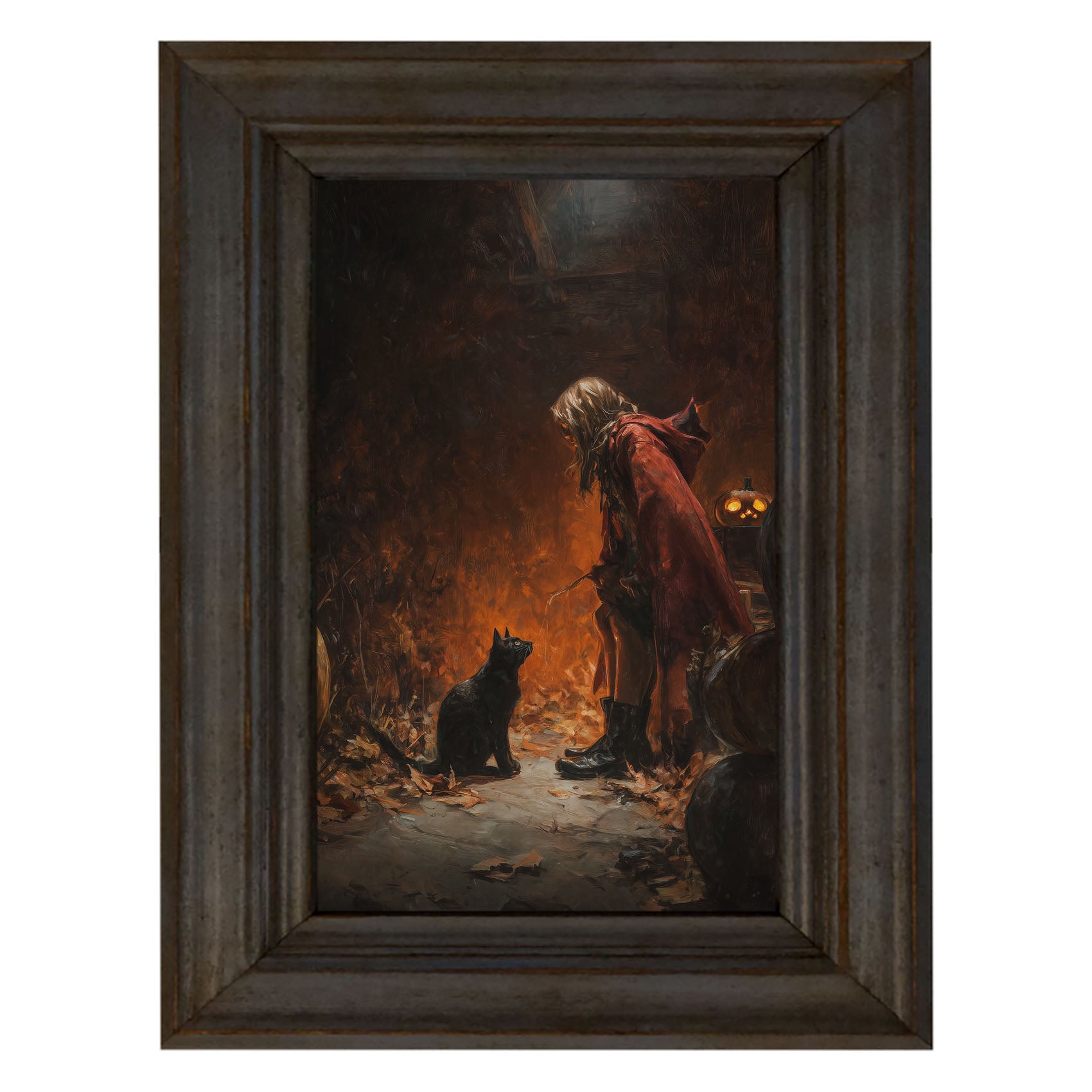 Witch with Black Cat at Night