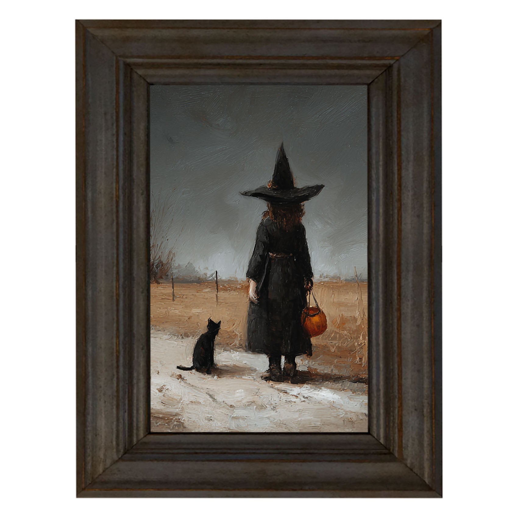 Witch with Black Cat Trick or Treating - Vertical