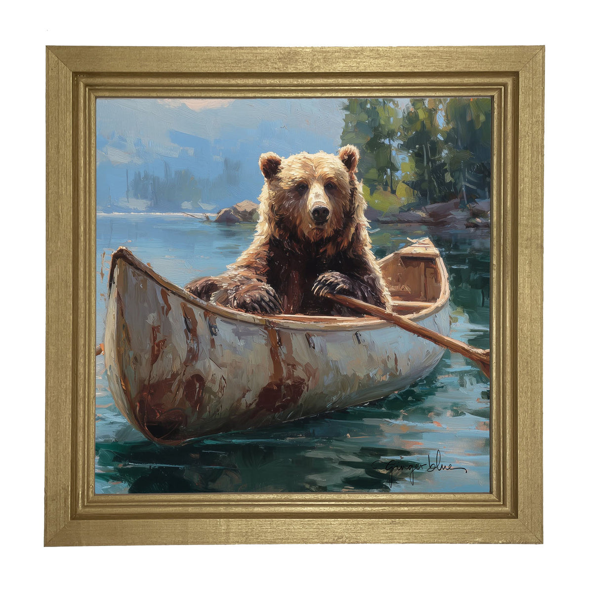 Brown Bear Rowing a Canoe - Framed Art