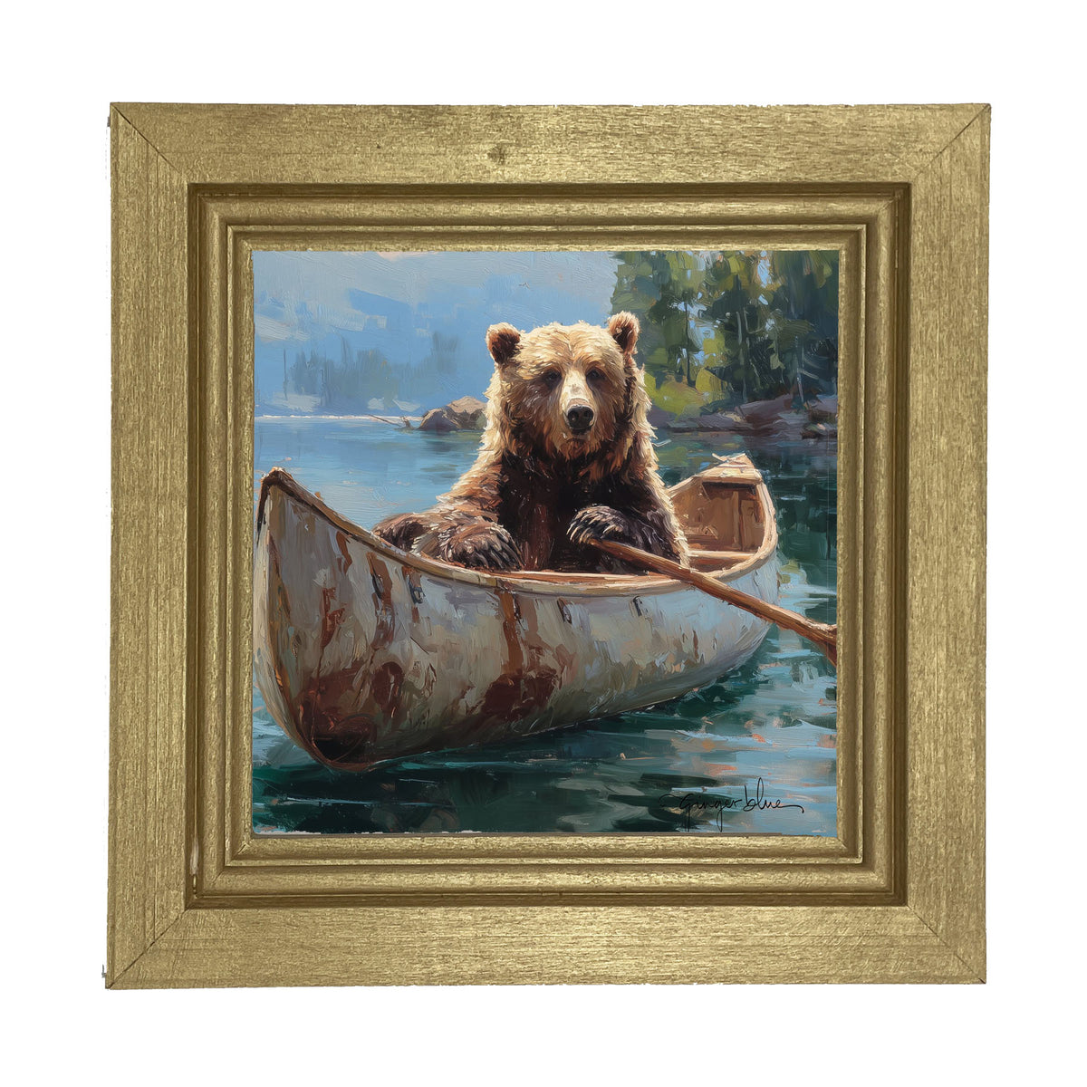 Brown Bear Rowing a Canoe - Framed Art