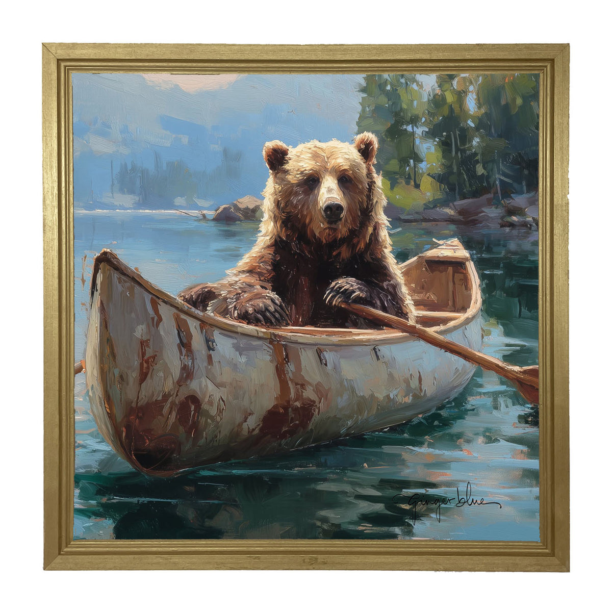Brown Bear Rowing a Canoe - Framed Art