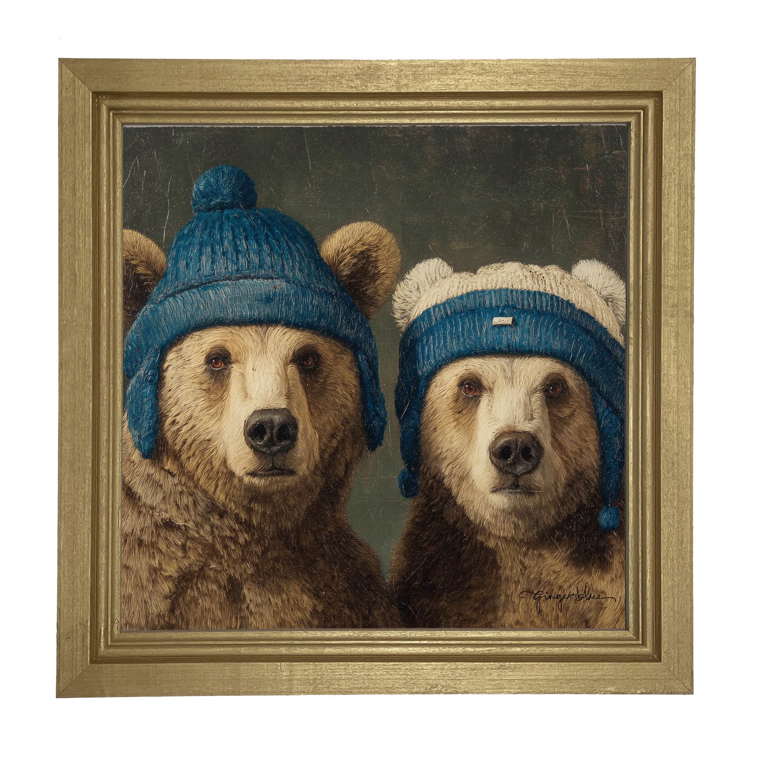 Knitted Blue Hat Bears - Framed Art