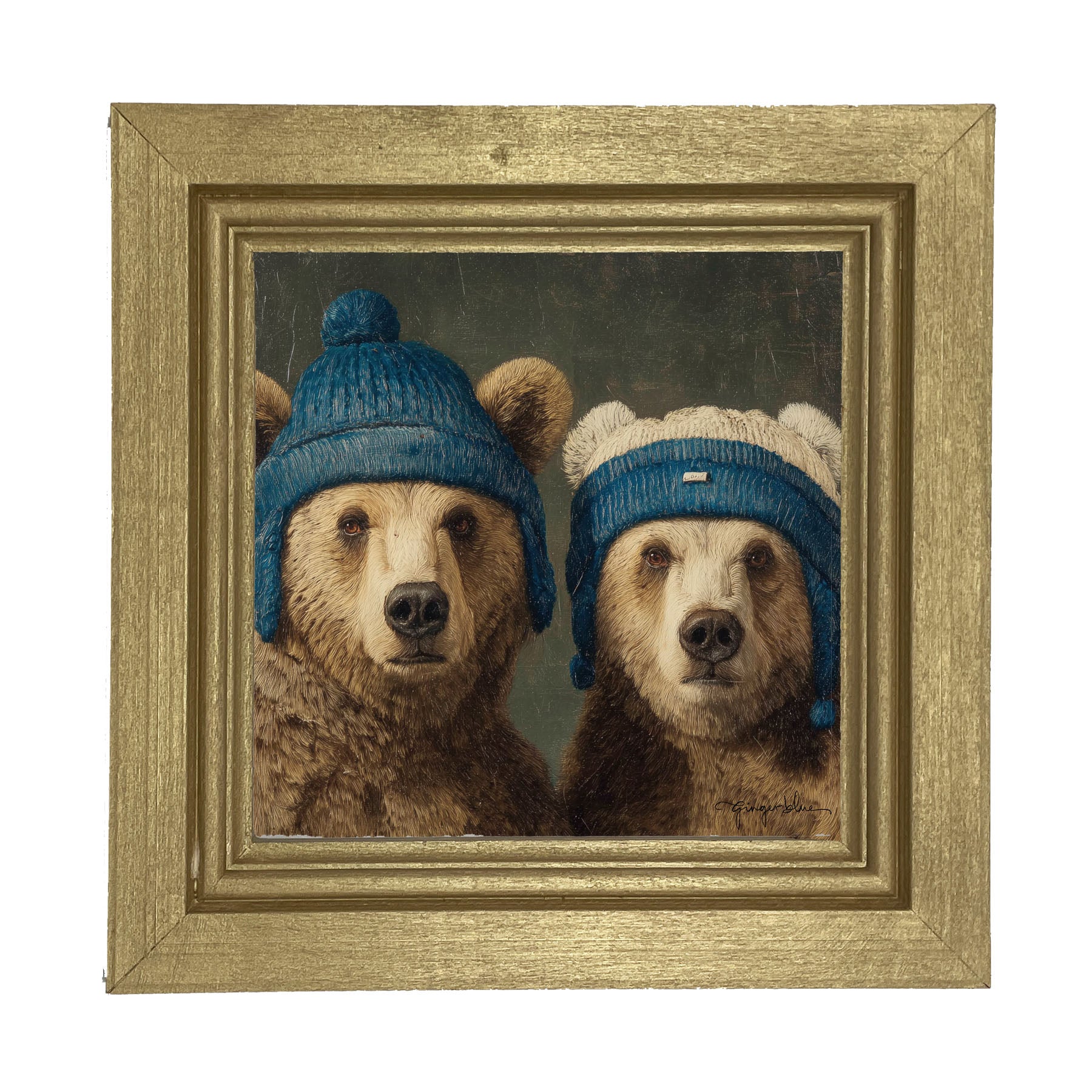 Knitted Blue Hat Bears - Framed Art