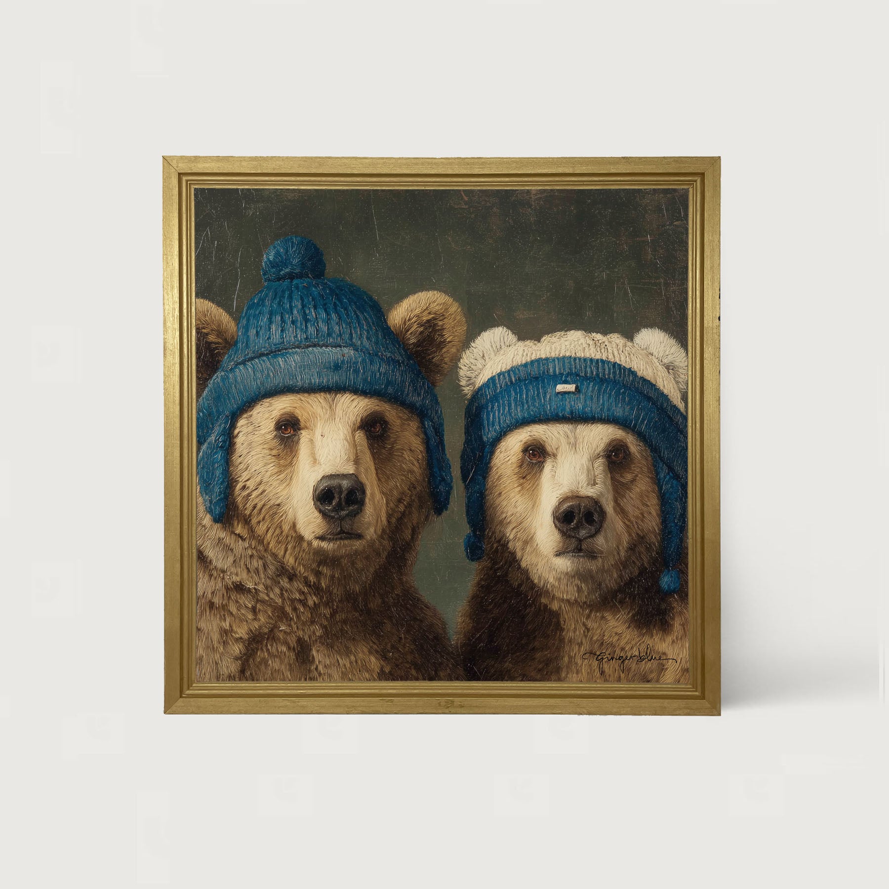 Knitted Blue Hat Bears - Framed Art