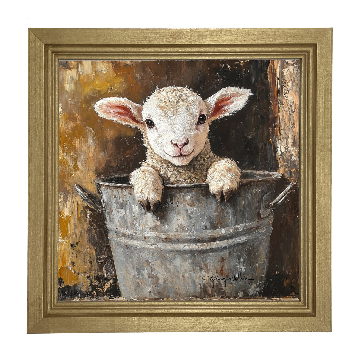 Baby Lamb in Metal Bucket - Framed Art