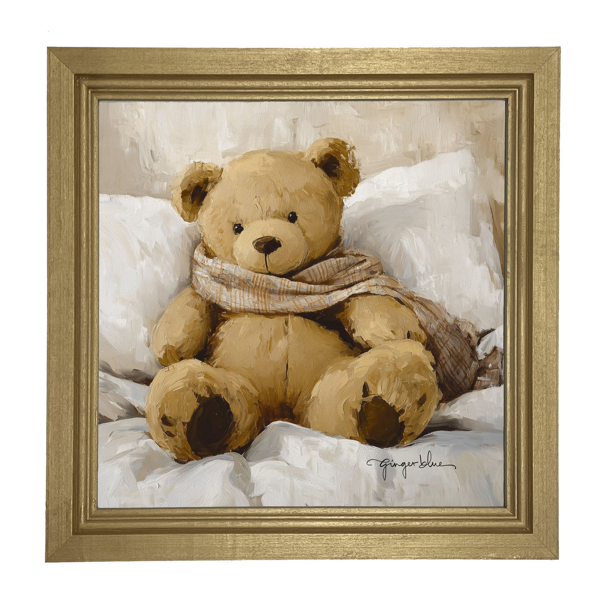 White Scarf Teddy Bear - Framed Art