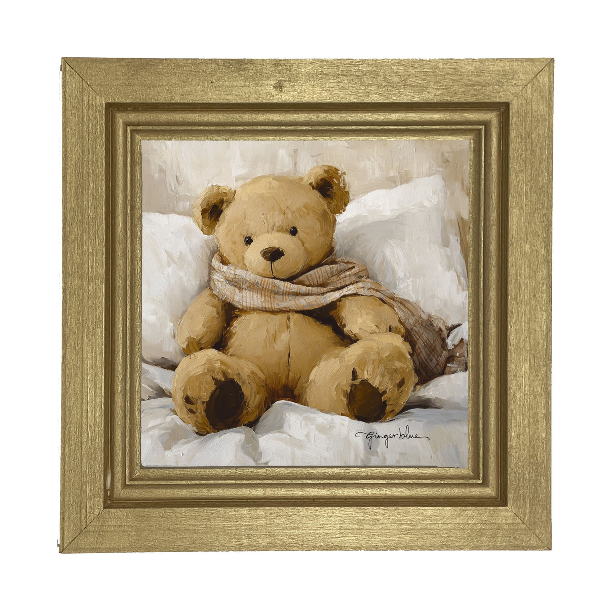 White Scarf Teddy Bear - Framed Art