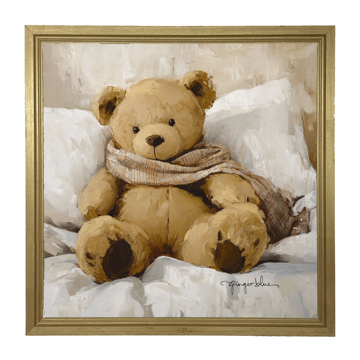 White Scarf Teddy Bear - Framed Art