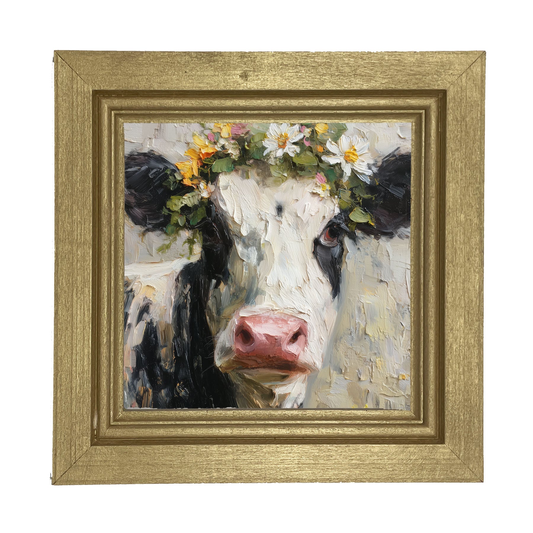 Spring Season Cow with Floral Crown - Framed Art