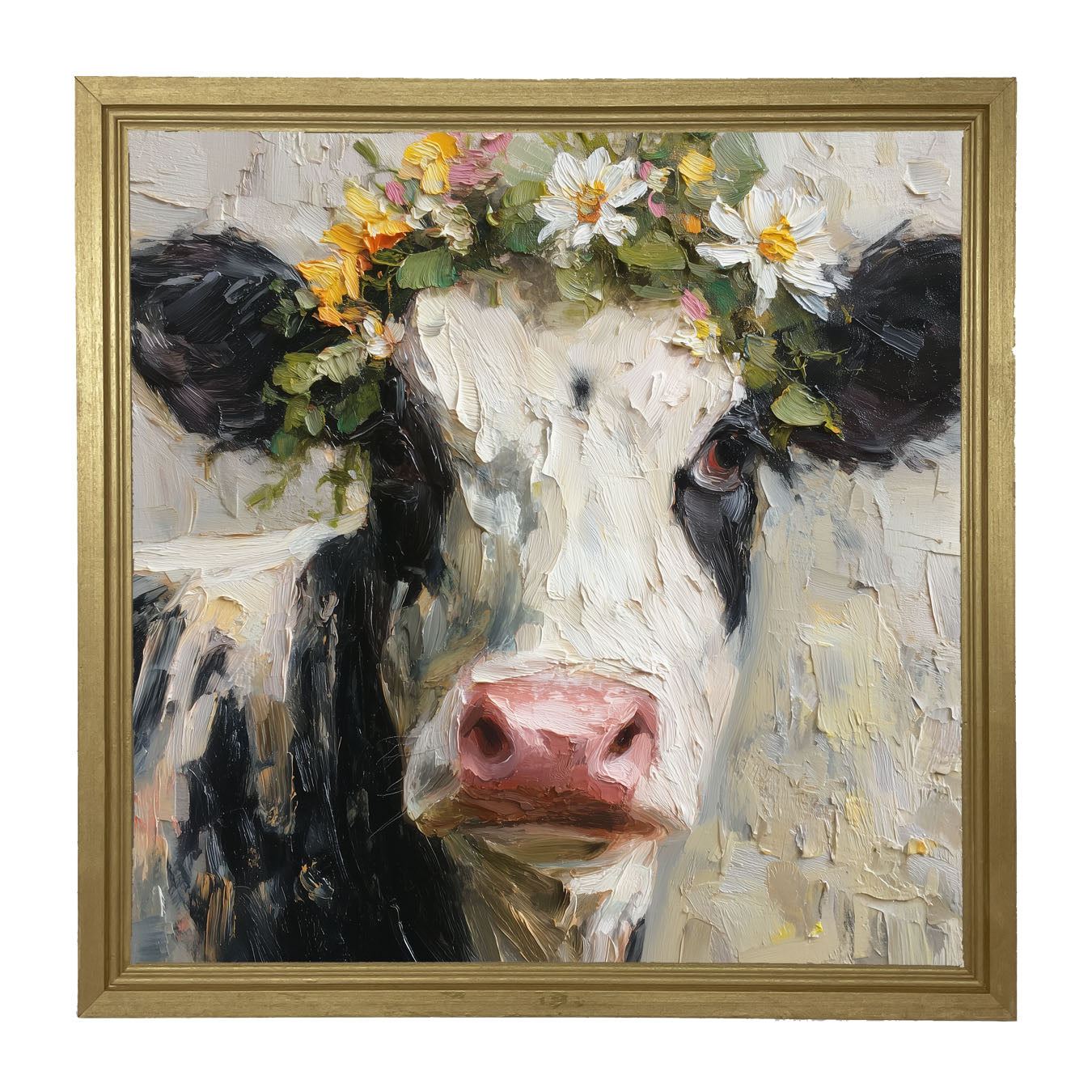 Spring Season Cow with Floral Crown - Framed Art