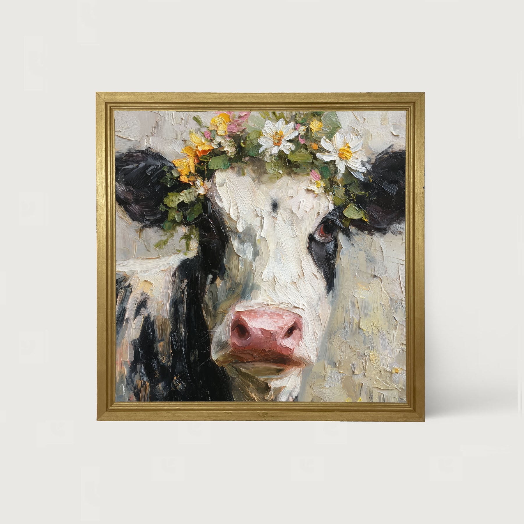 Spring Season Cow with Floral Crown - Framed Art