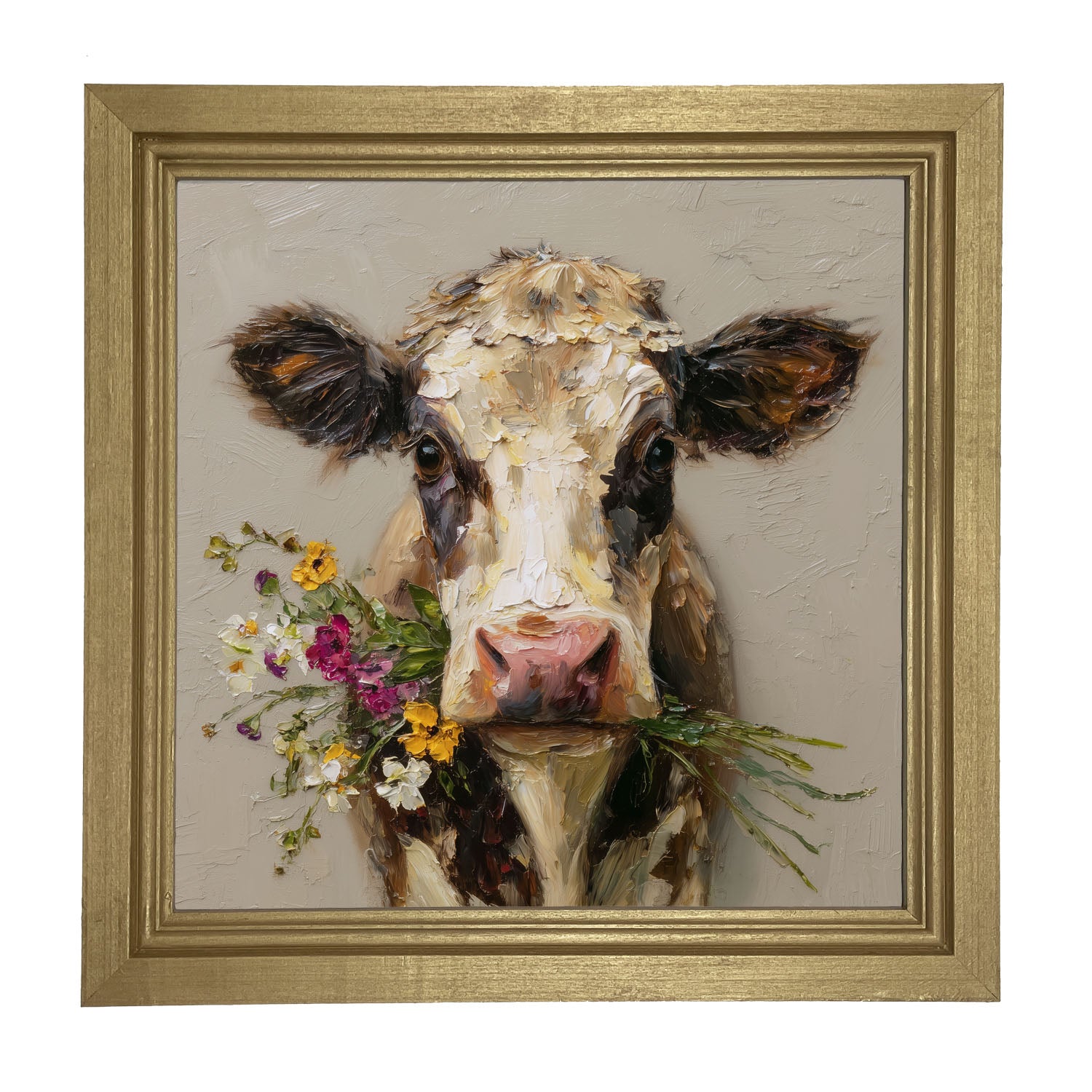 Spring Season Cow Holding Flowers - Framed Art