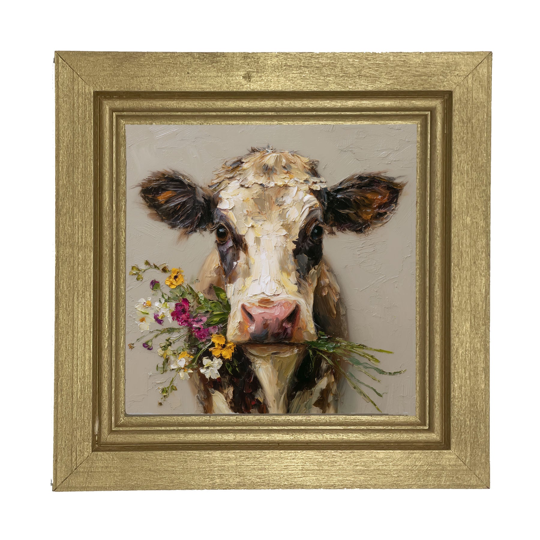 Spring Season Cow Holding Flowers - Framed Art
