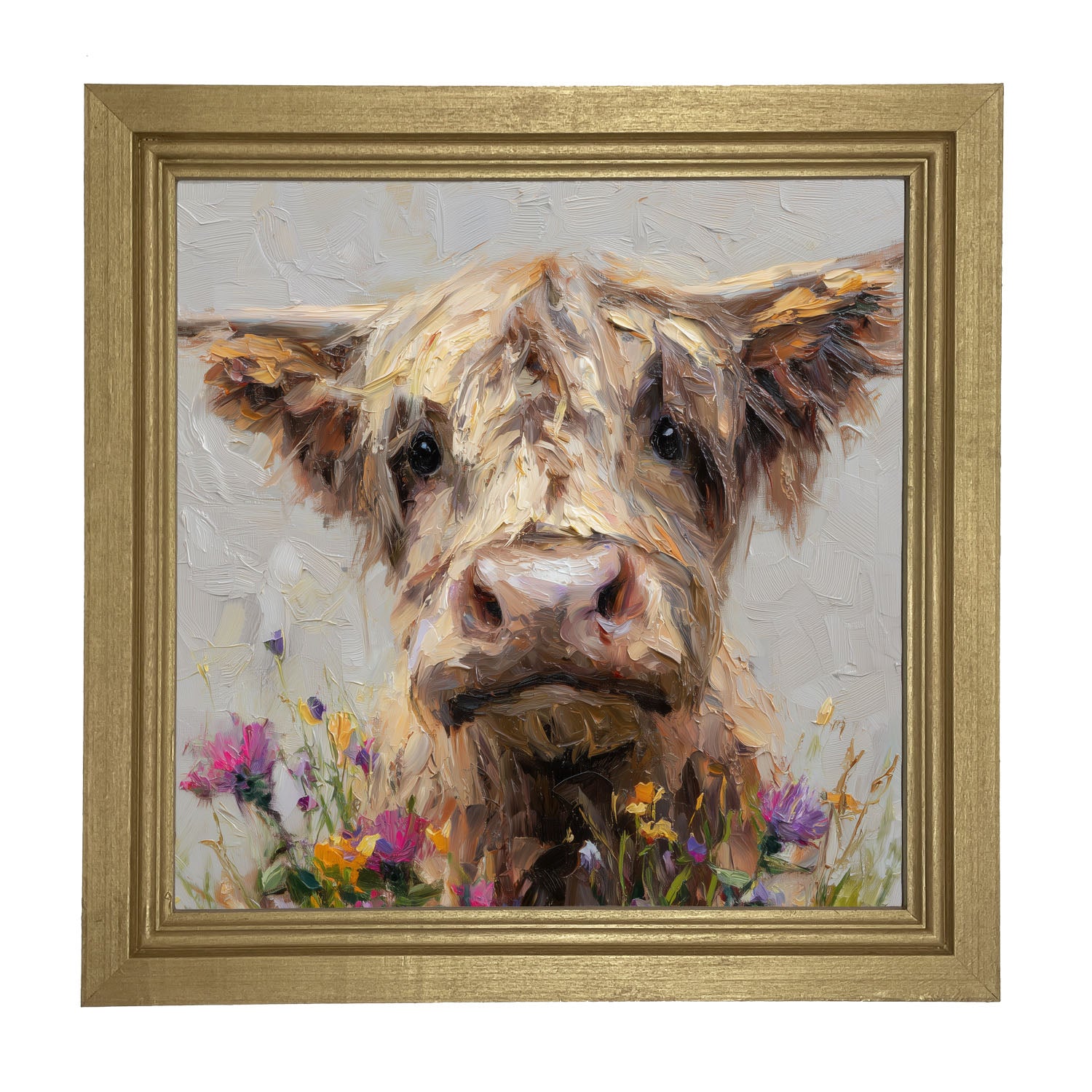 Spring Season Highland Cow with Flowers - Framed Art