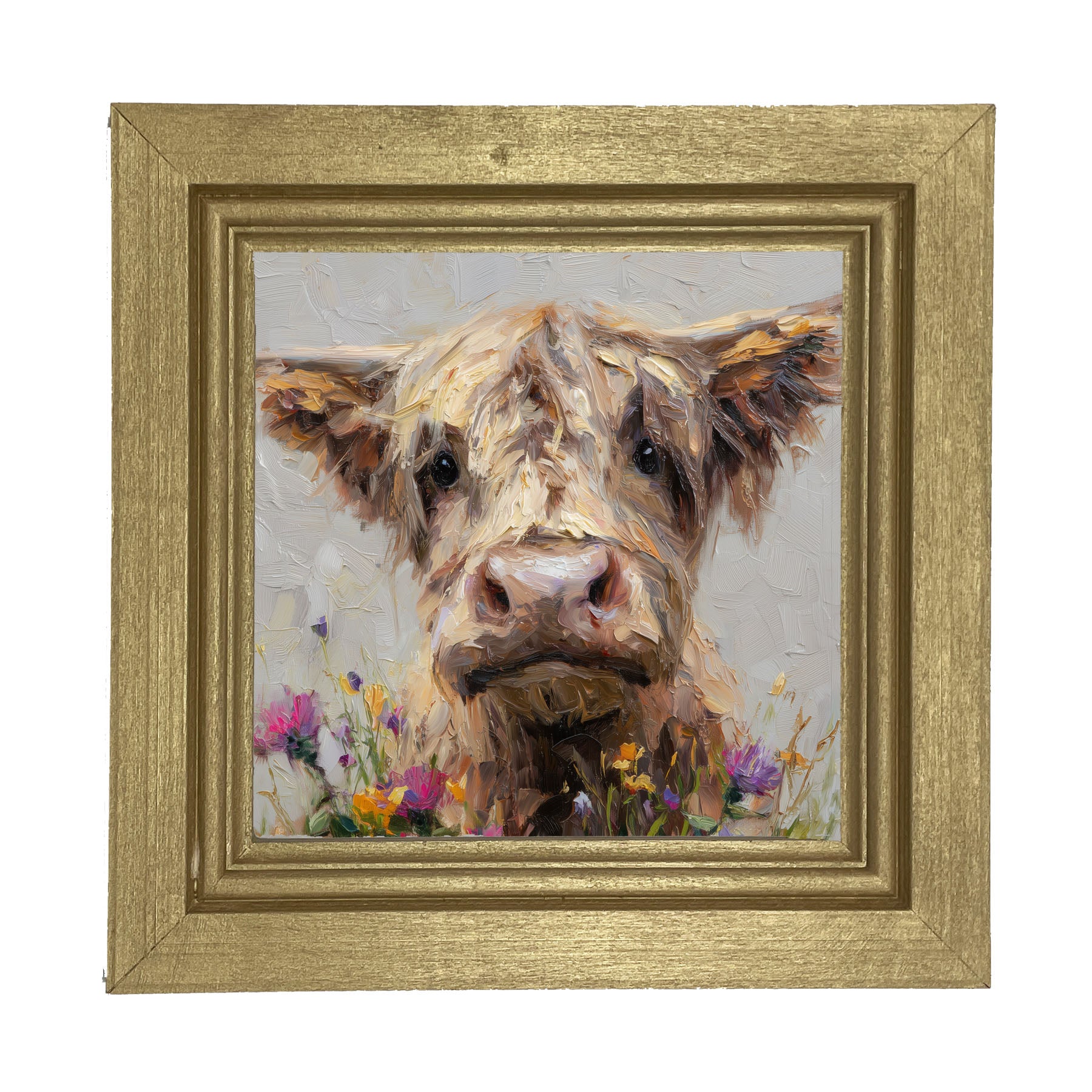 Spring Season Highland Cow with Flowers - Framed Art