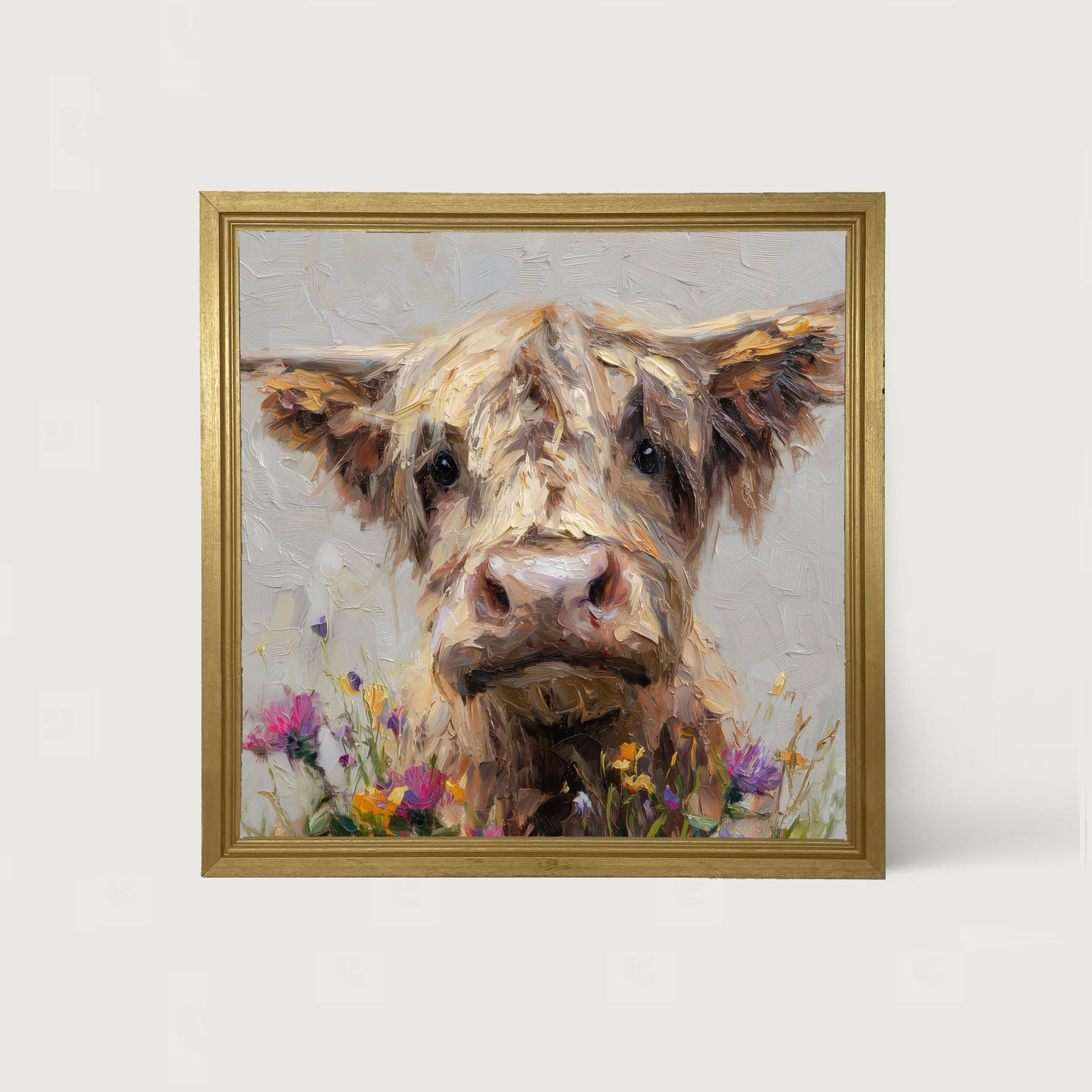 Spring Season Highland Cow with Flowers - Framed Art