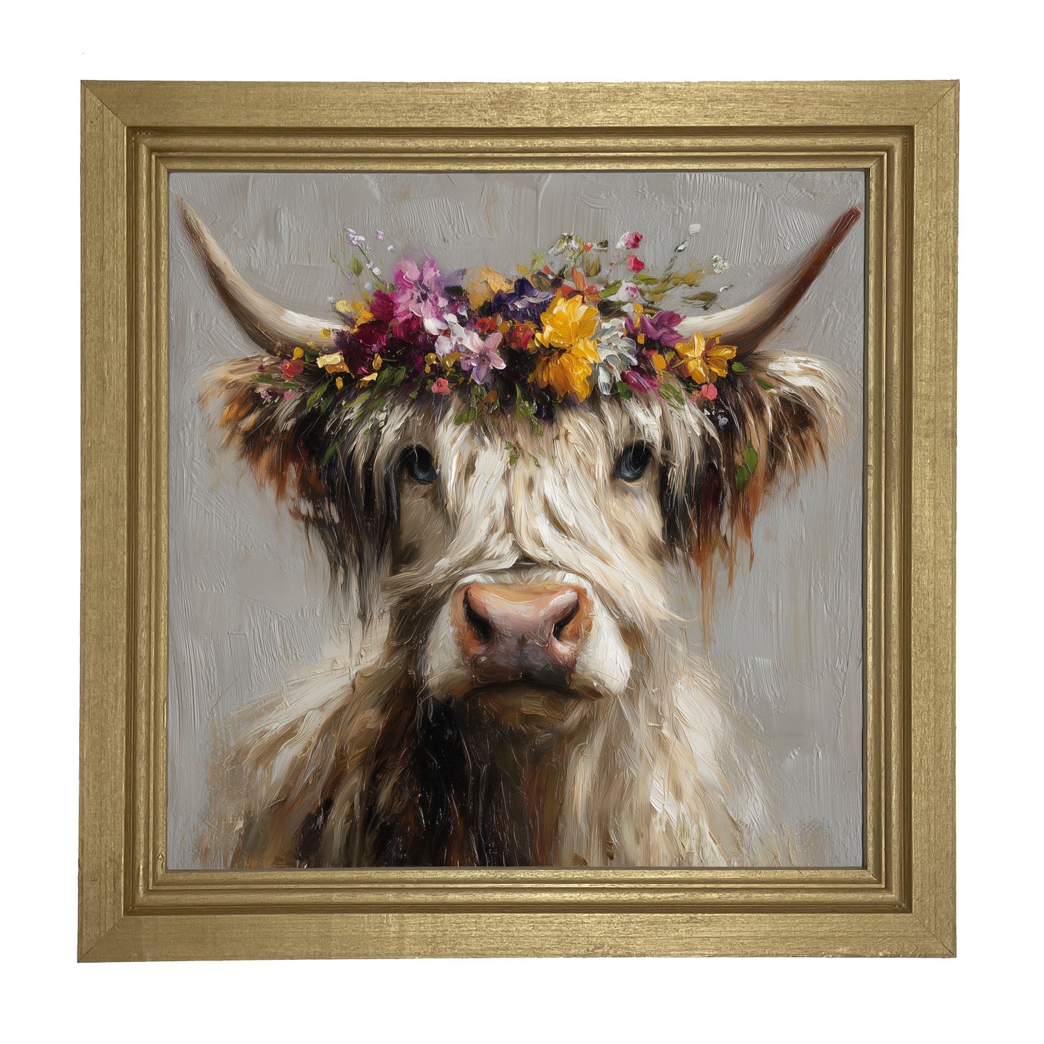 Spring Season Highland Cow with Floral Crown - Framed Art