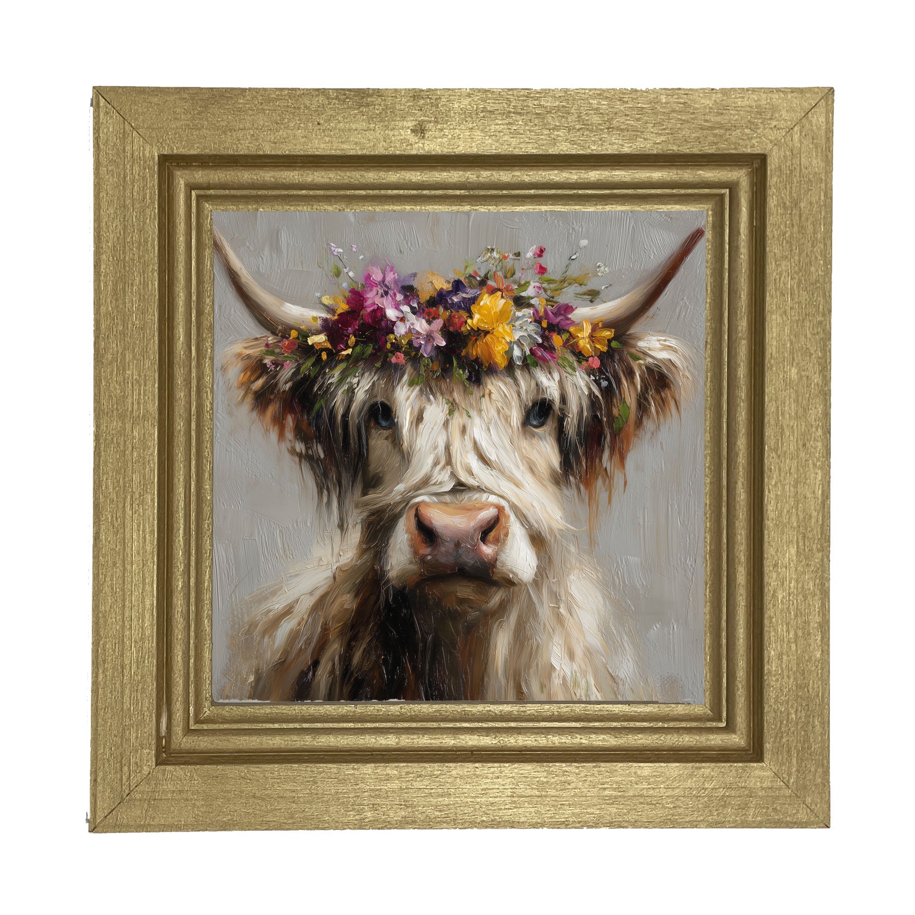 Spring Season Highland Cow with Floral Crown - Framed Art